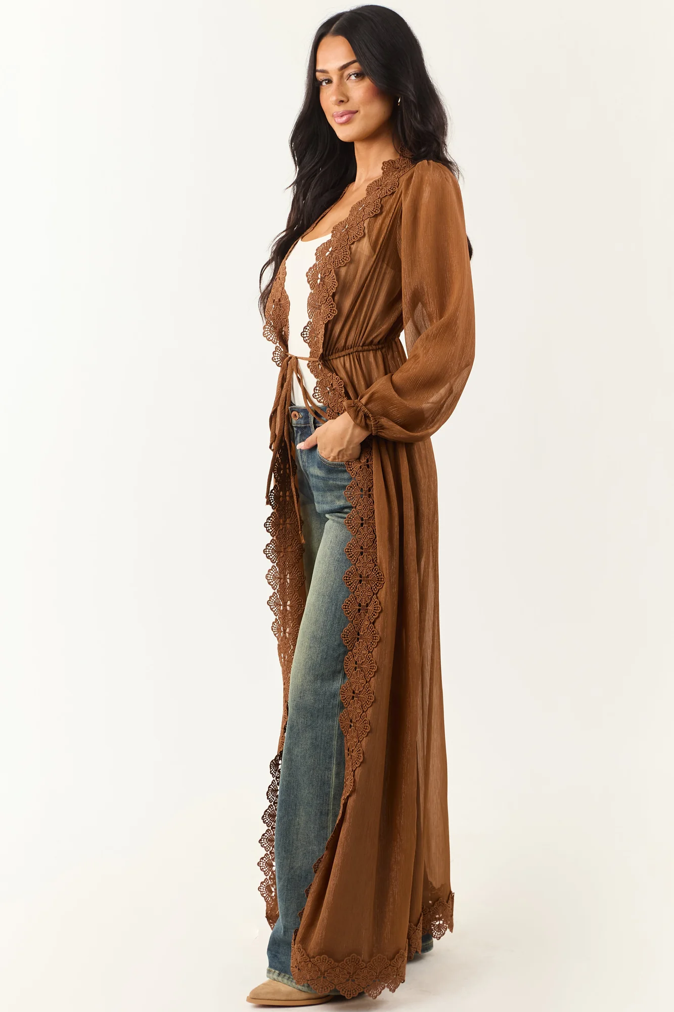 Boho-Chic Lace Trim Chiffon Cardigan Duster