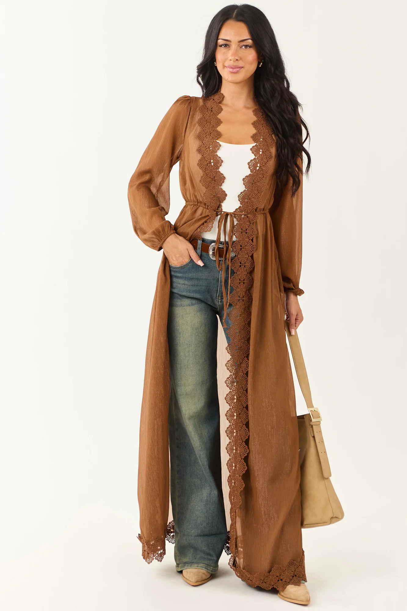 Boho-Chic Lace Trim Chiffon Cardigan Duster