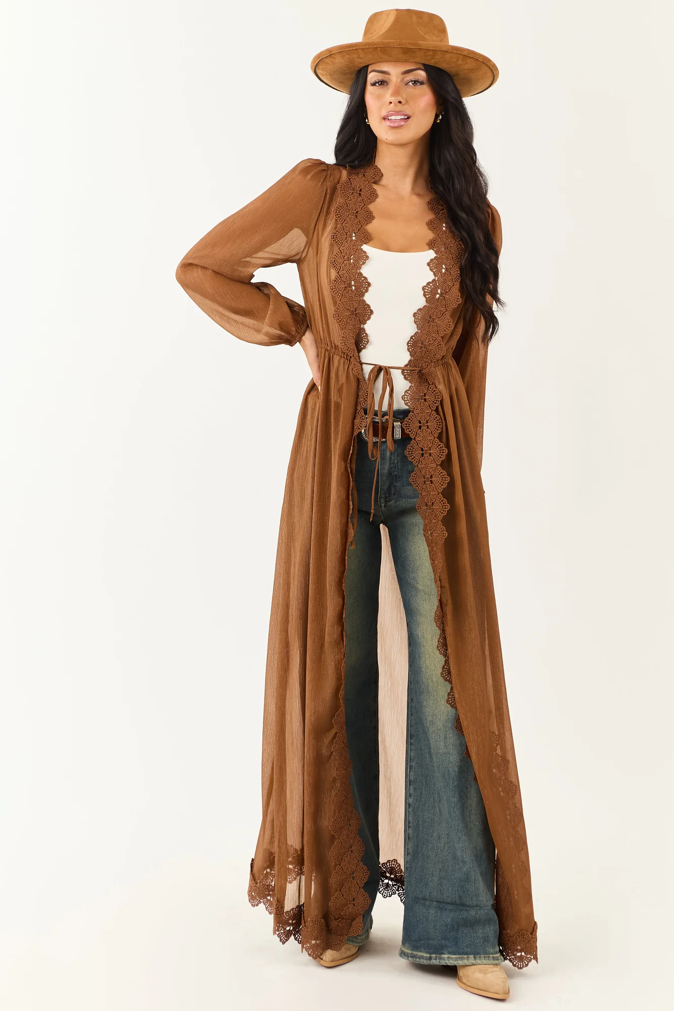 Boho-Chic Lace Trim Chiffon Cardigan Duster