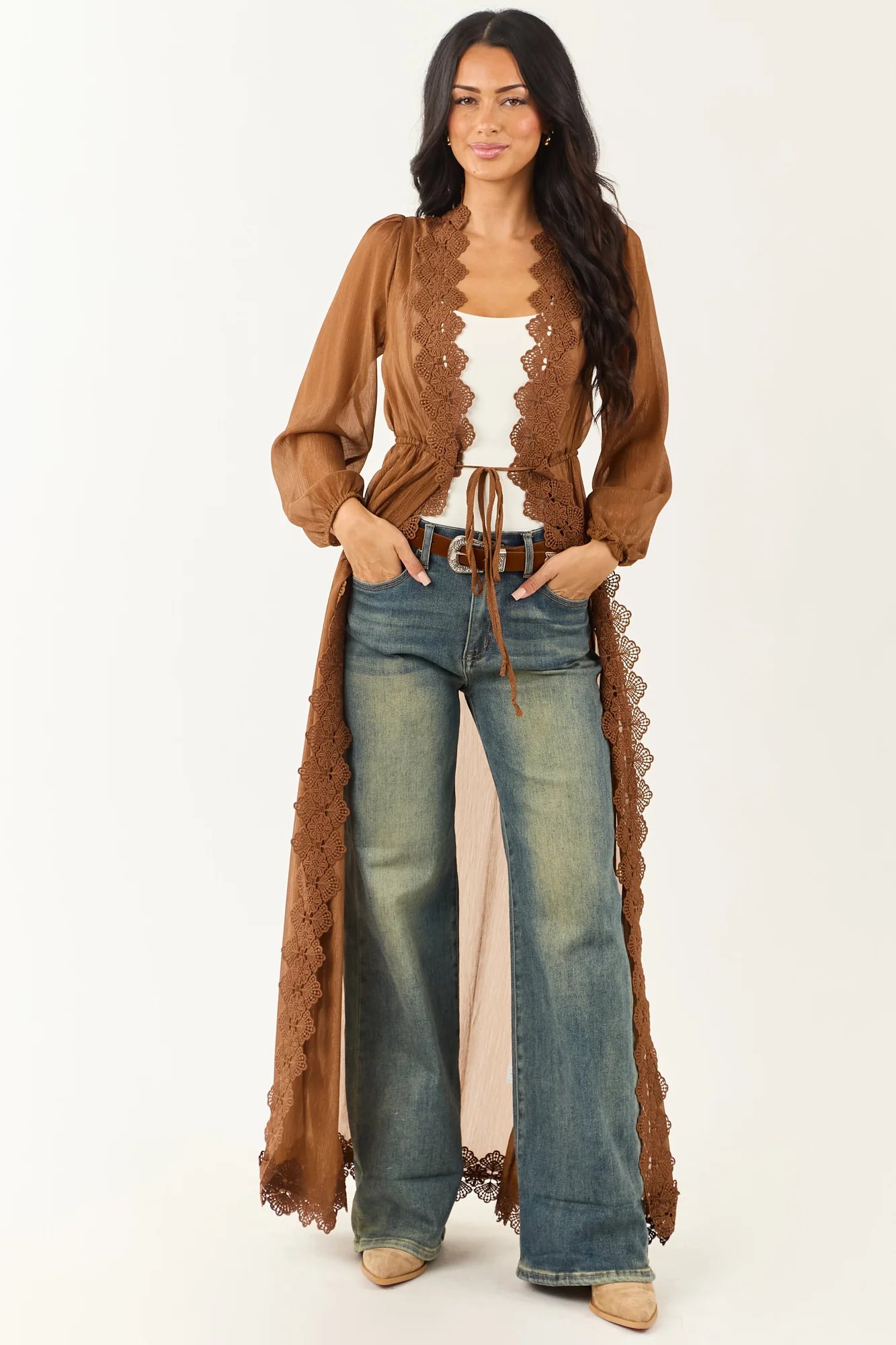 Boho-Chic Lace Trim Chiffon Cardigan Duster