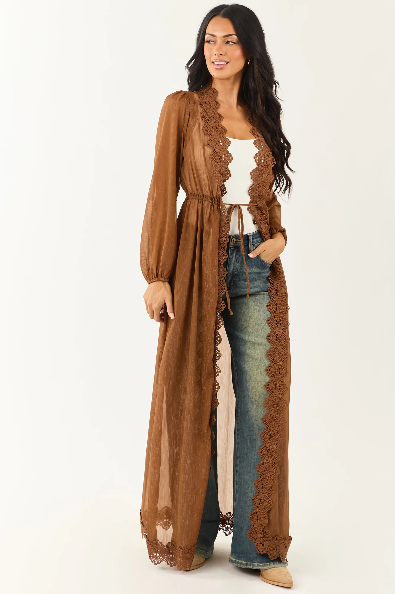 Boho-Chic Lace Trim Chiffon Cardigan Duster