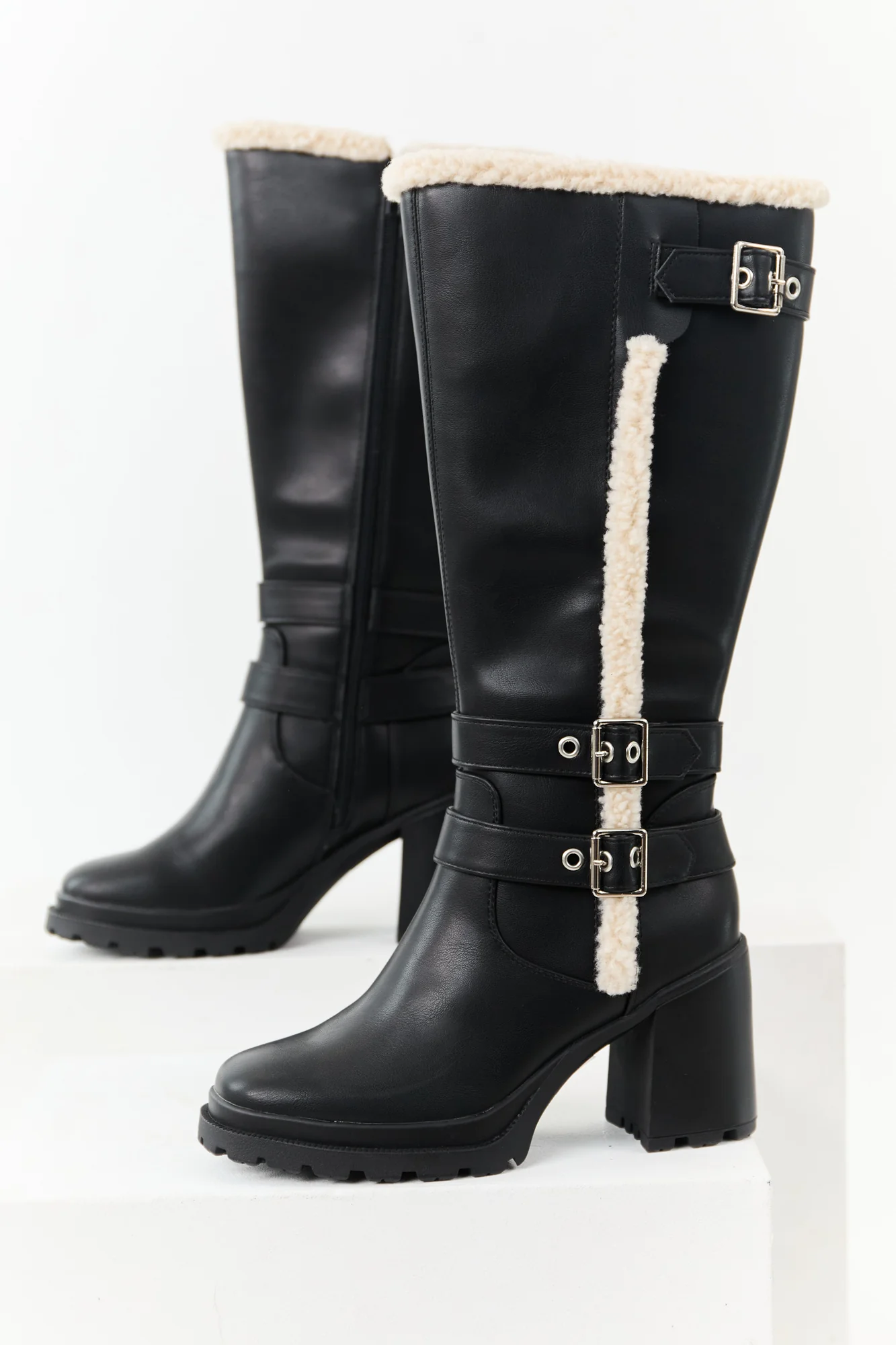 Tall Black Faux Leather Sherpa Platform Boots