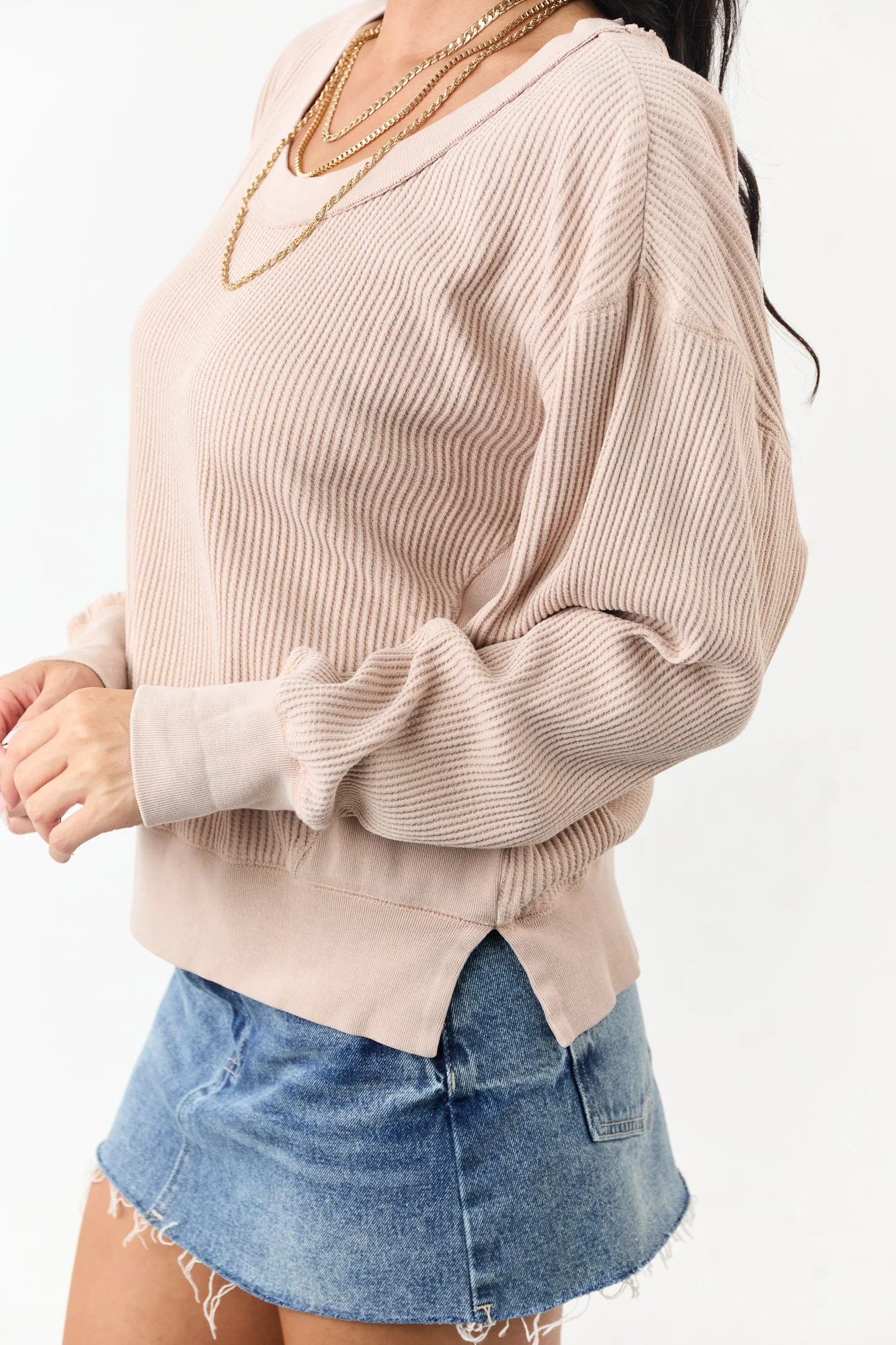 Taupe Waffle Knit Boat Neck Cotton Sweater