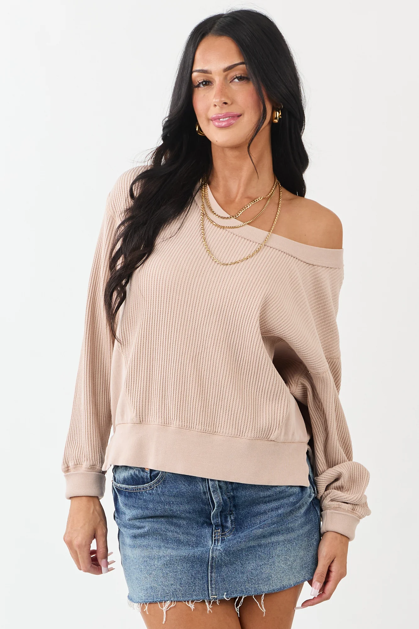 Taupe Waffle Knit Boat Neck Cotton Sweater