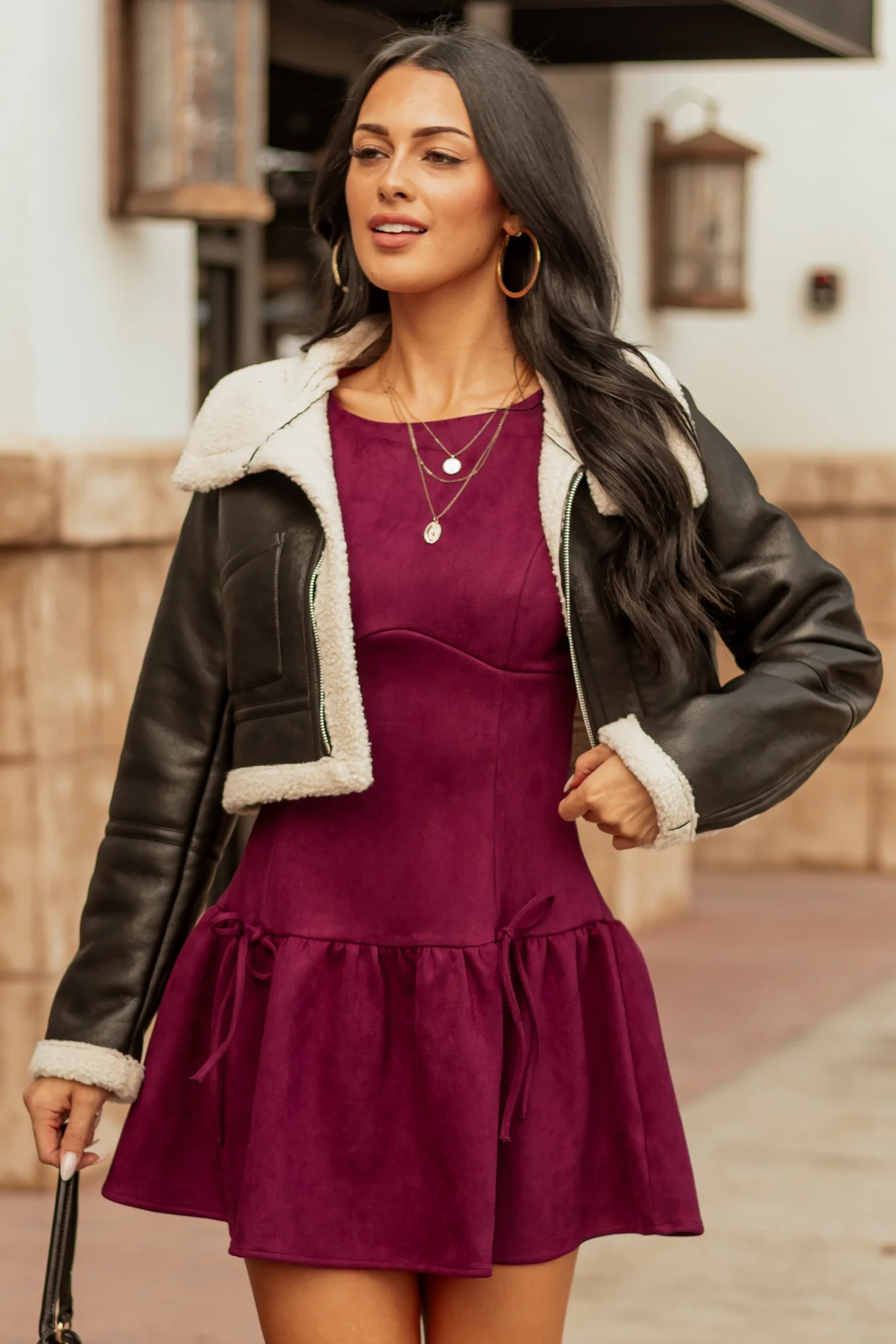 Sherpa Lined Cropped Faux Leather Jacket in Black