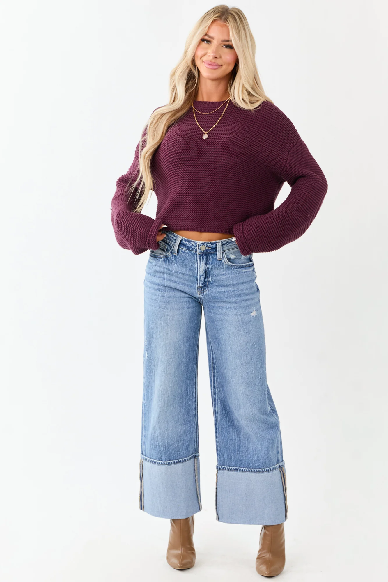 Medium Wash Wide Leg Cuffed Jeans for Women