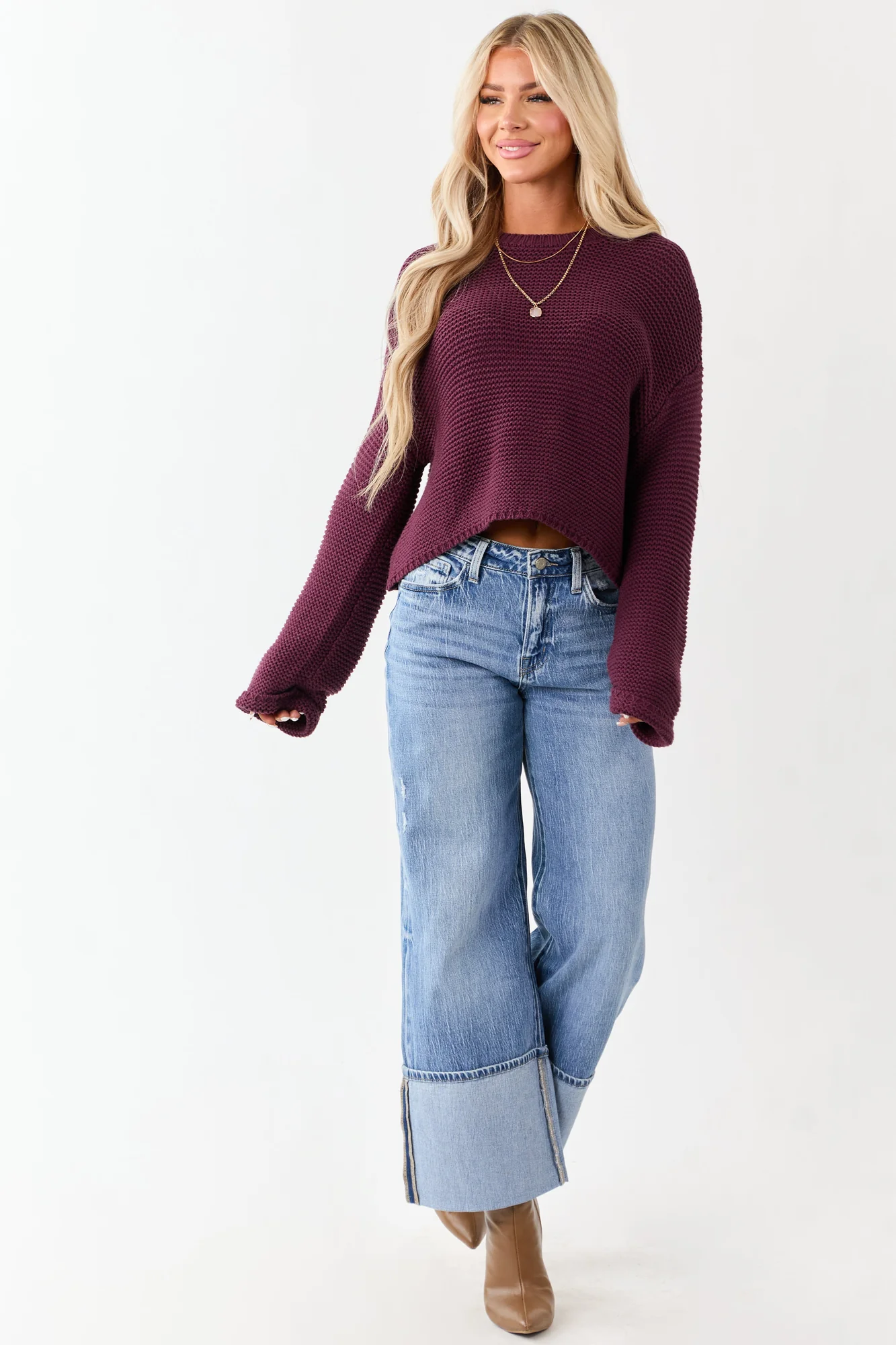 Medium Wash Wide Leg Cuffed Jeans for Women