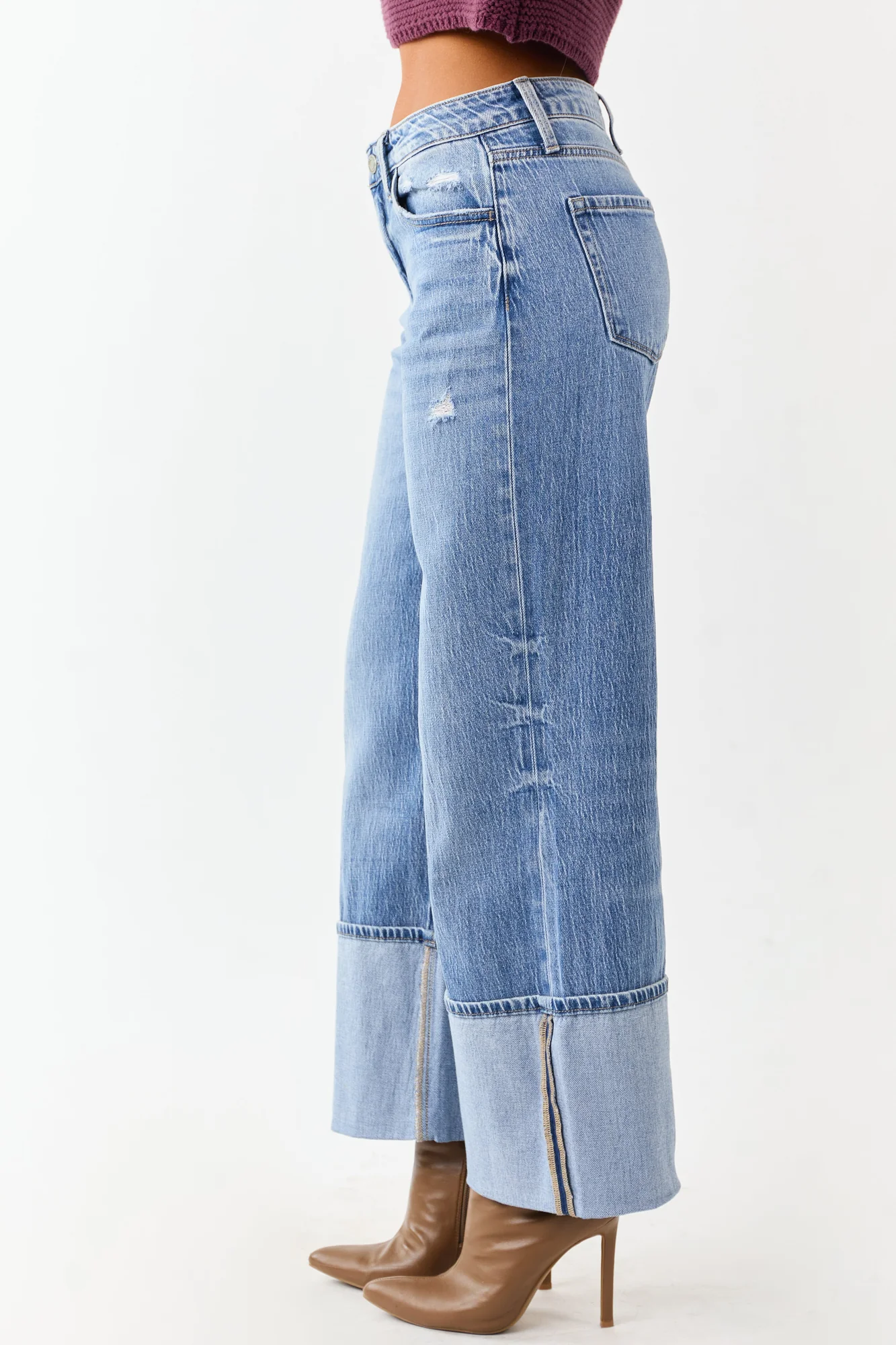 Medium Wash Wide Leg Cuffed Jeans for Women