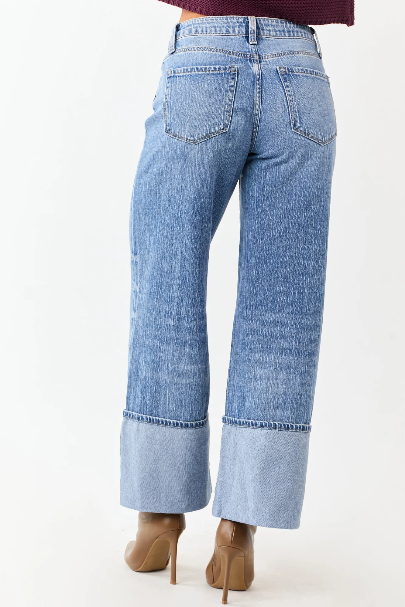 Medium Wash Wide Leg Cuffed Jeans for Women