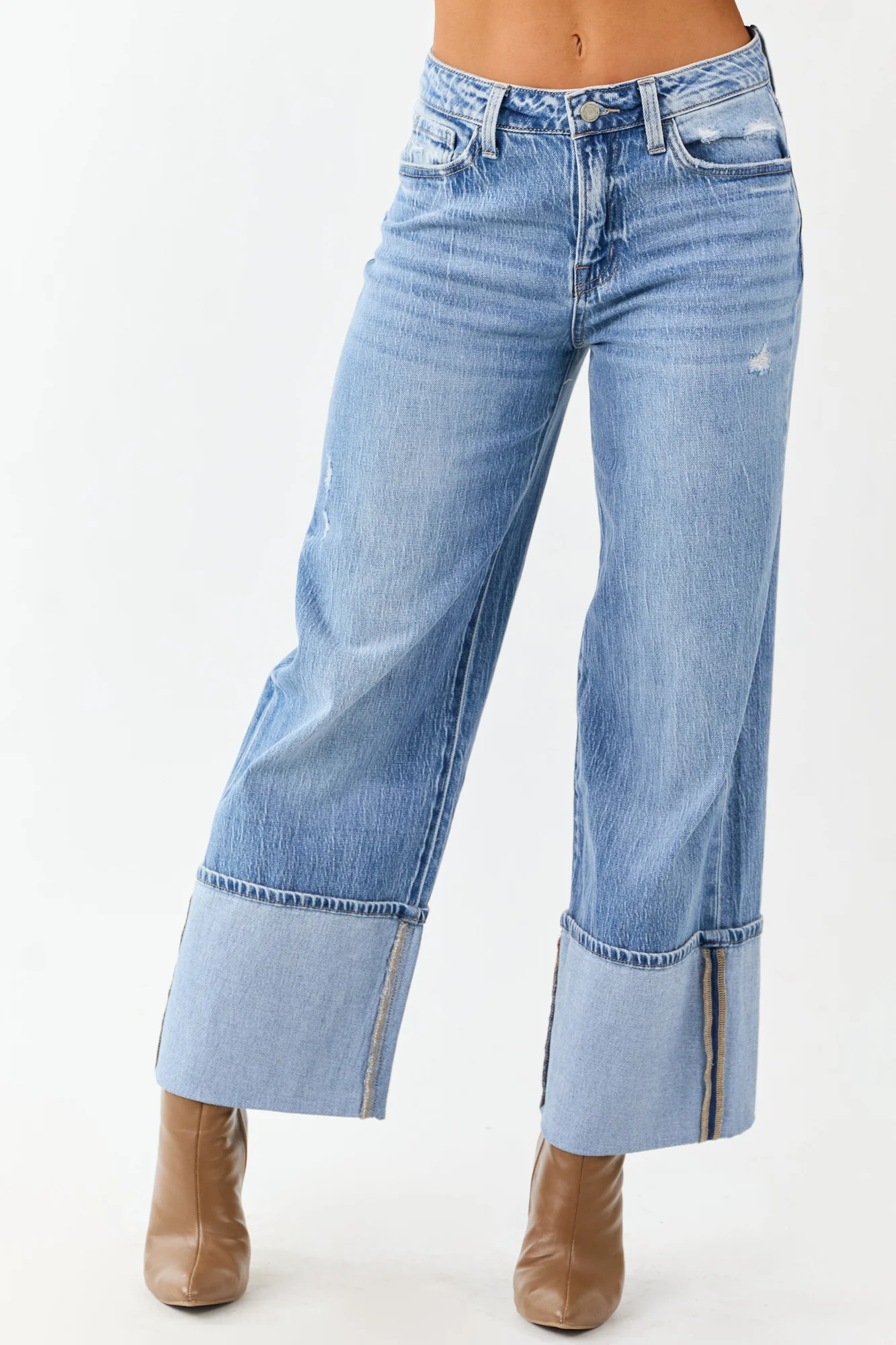 Medium Wash Wide Leg Cuffed Jeans for Women