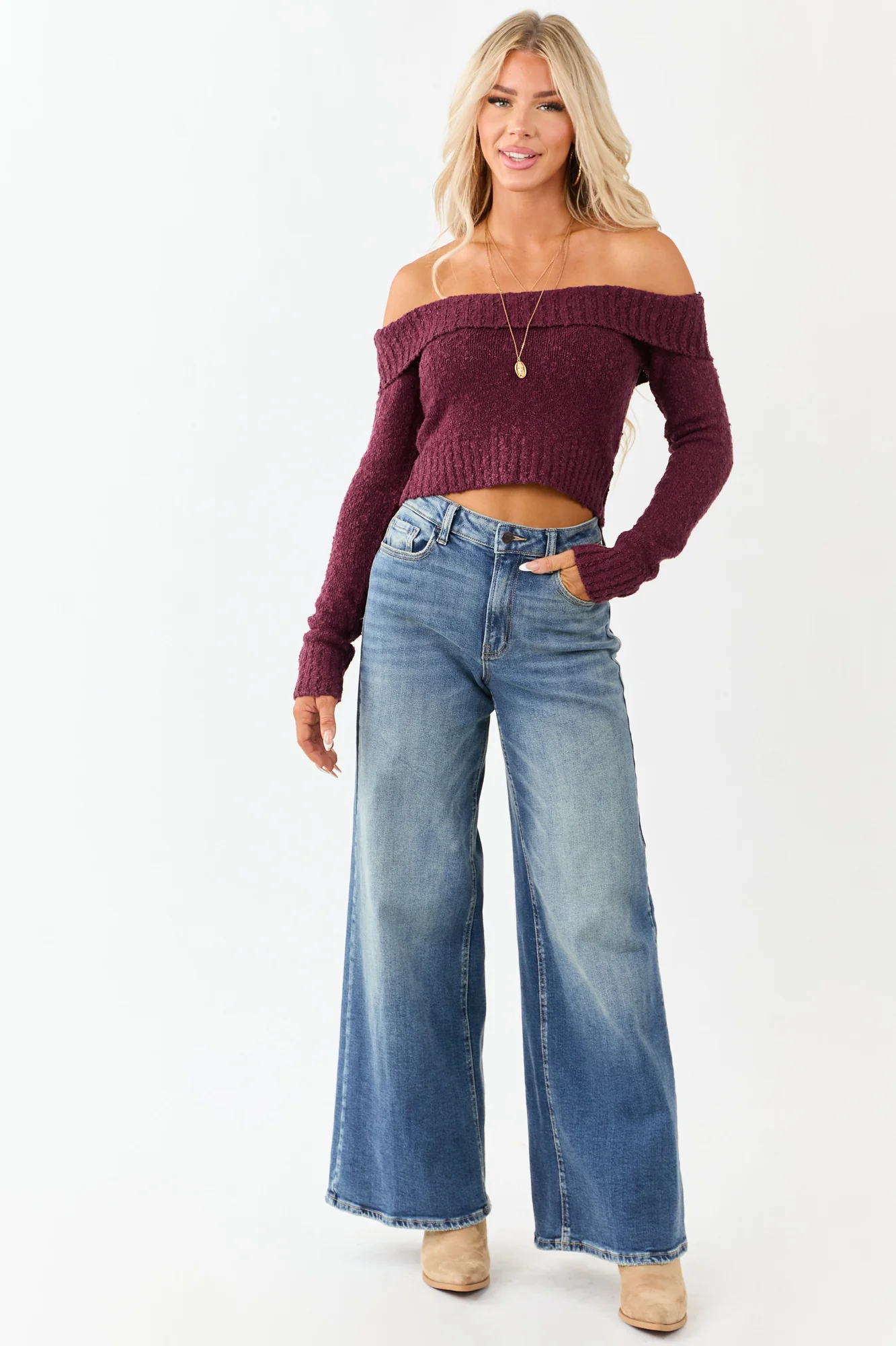 Maroon Ribbed Trim Off-Shoulder Crop Sweater