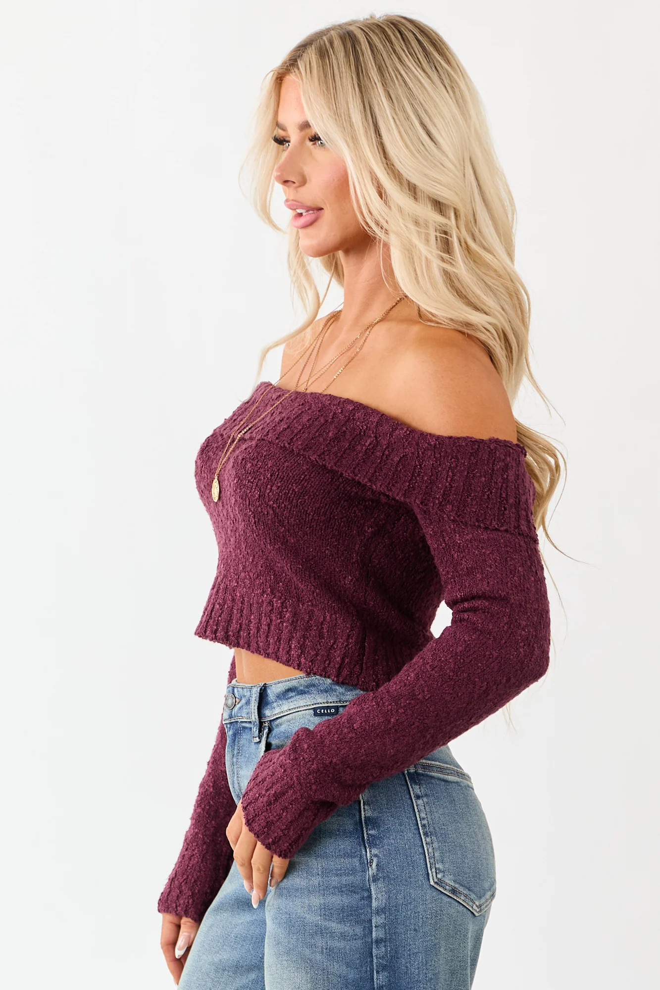 Maroon Ribbed Trim Off-Shoulder Crop Sweater