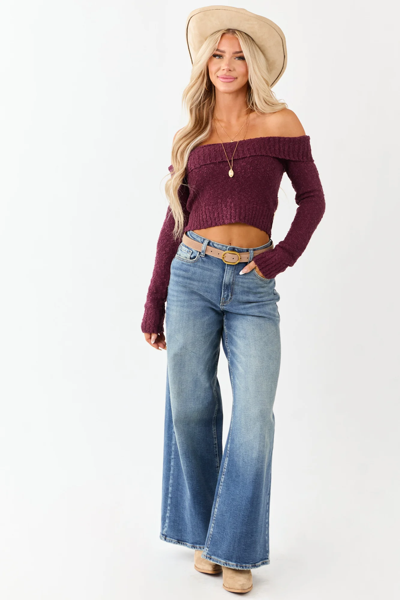 Maroon Ribbed Trim Off-Shoulder Crop Sweater