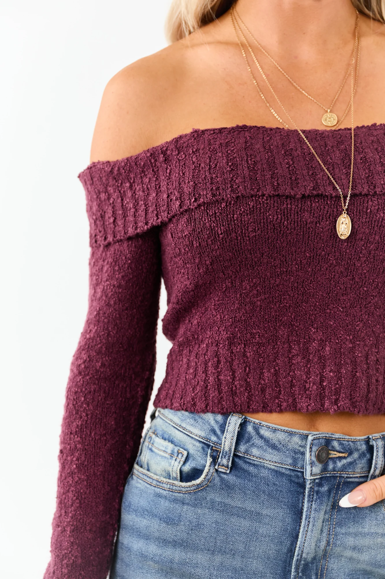 Maroon Ribbed Trim Off-Shoulder Crop Sweater