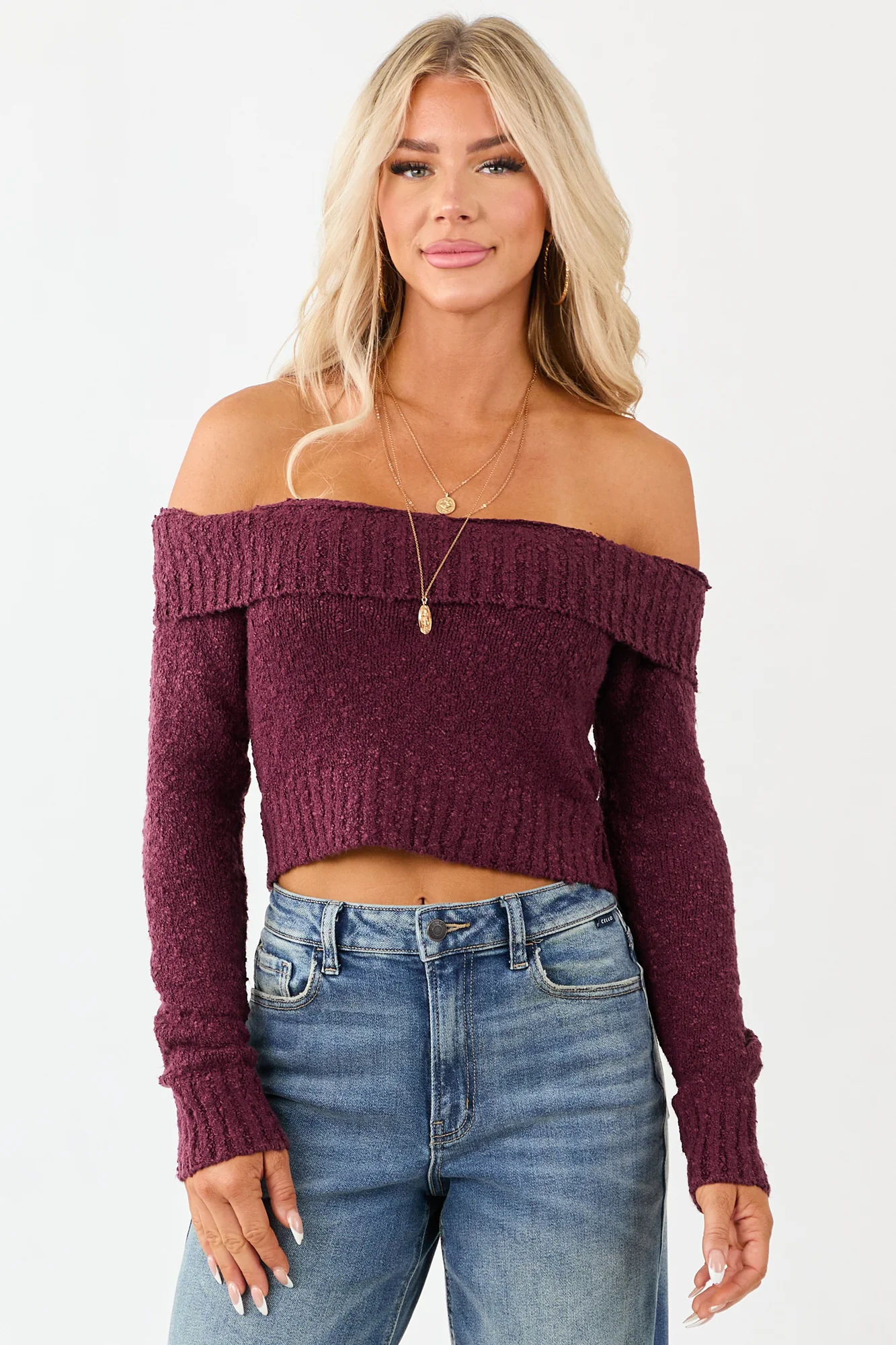 Maroon Ribbed Trim Off-Shoulder Crop Sweater