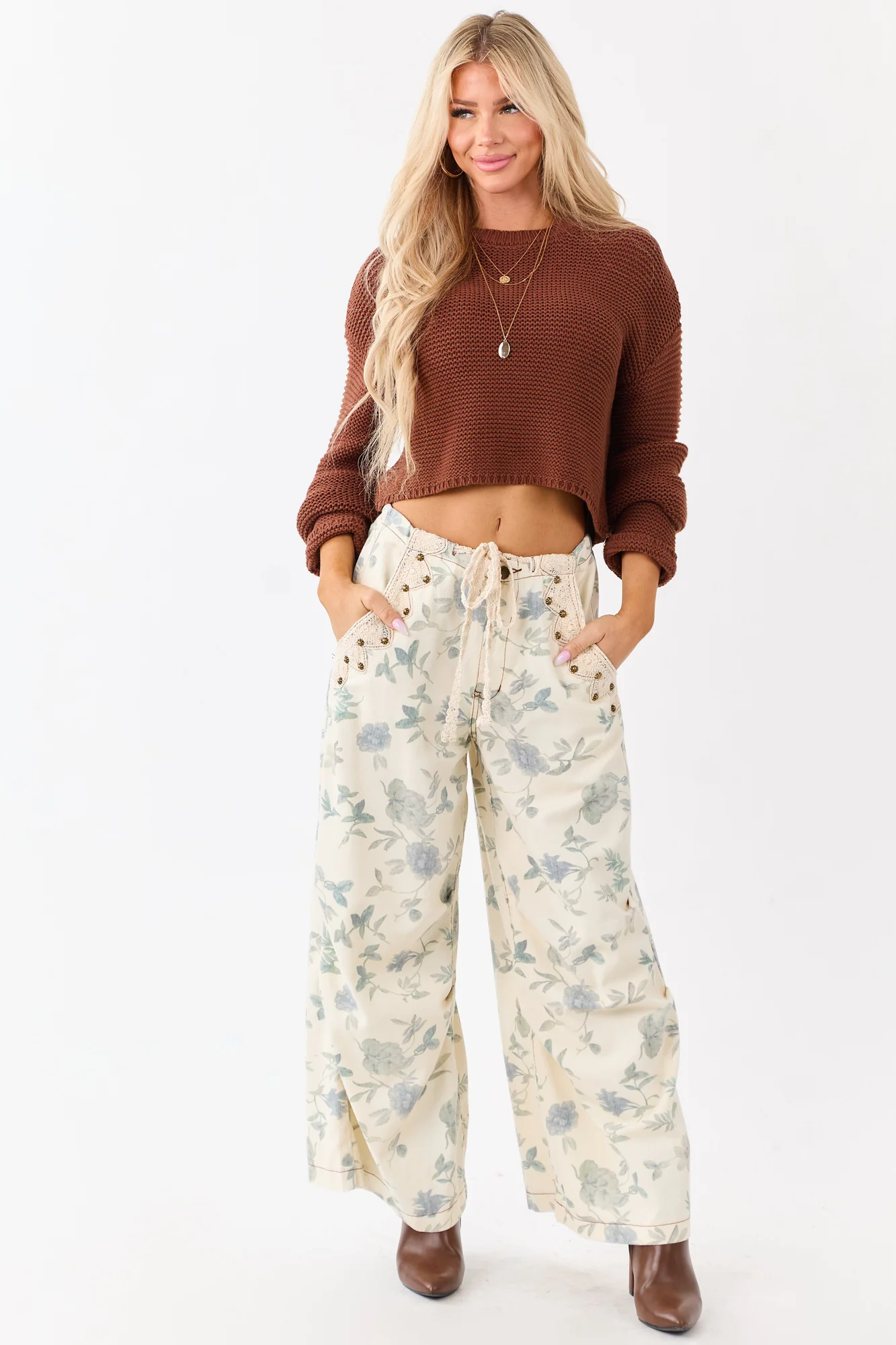 Cream Floral Print Wide Leg Drawstring Denim Pants
