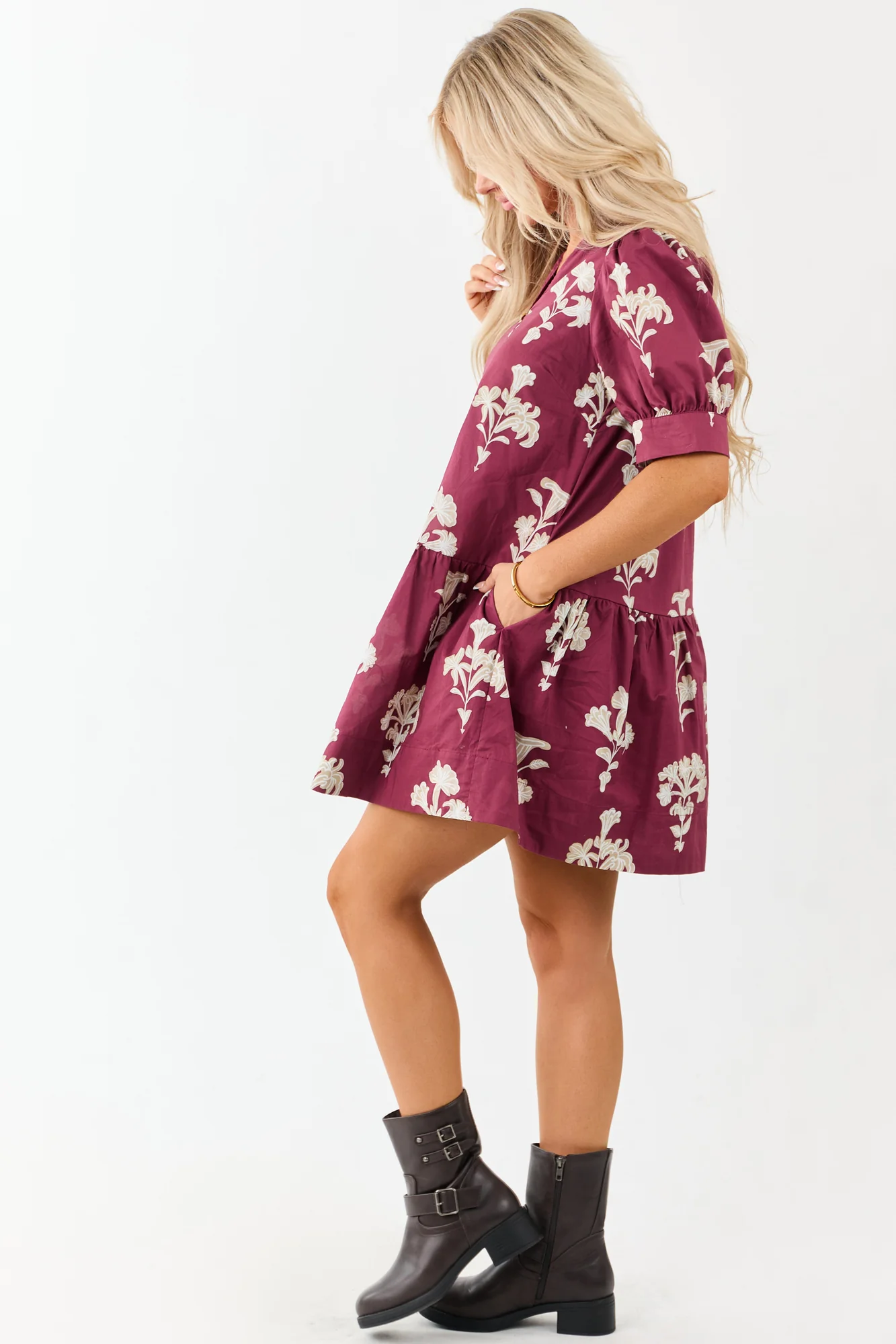 Maroon Floral Puff Sleeve Cotton Mini Dress
