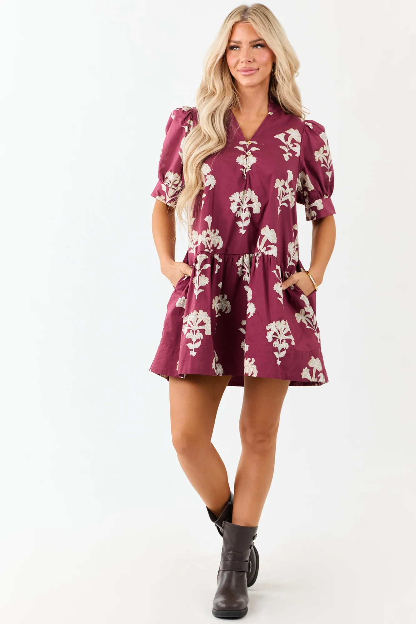 Maroon Floral Puff Sleeve Cotton Mini Dress