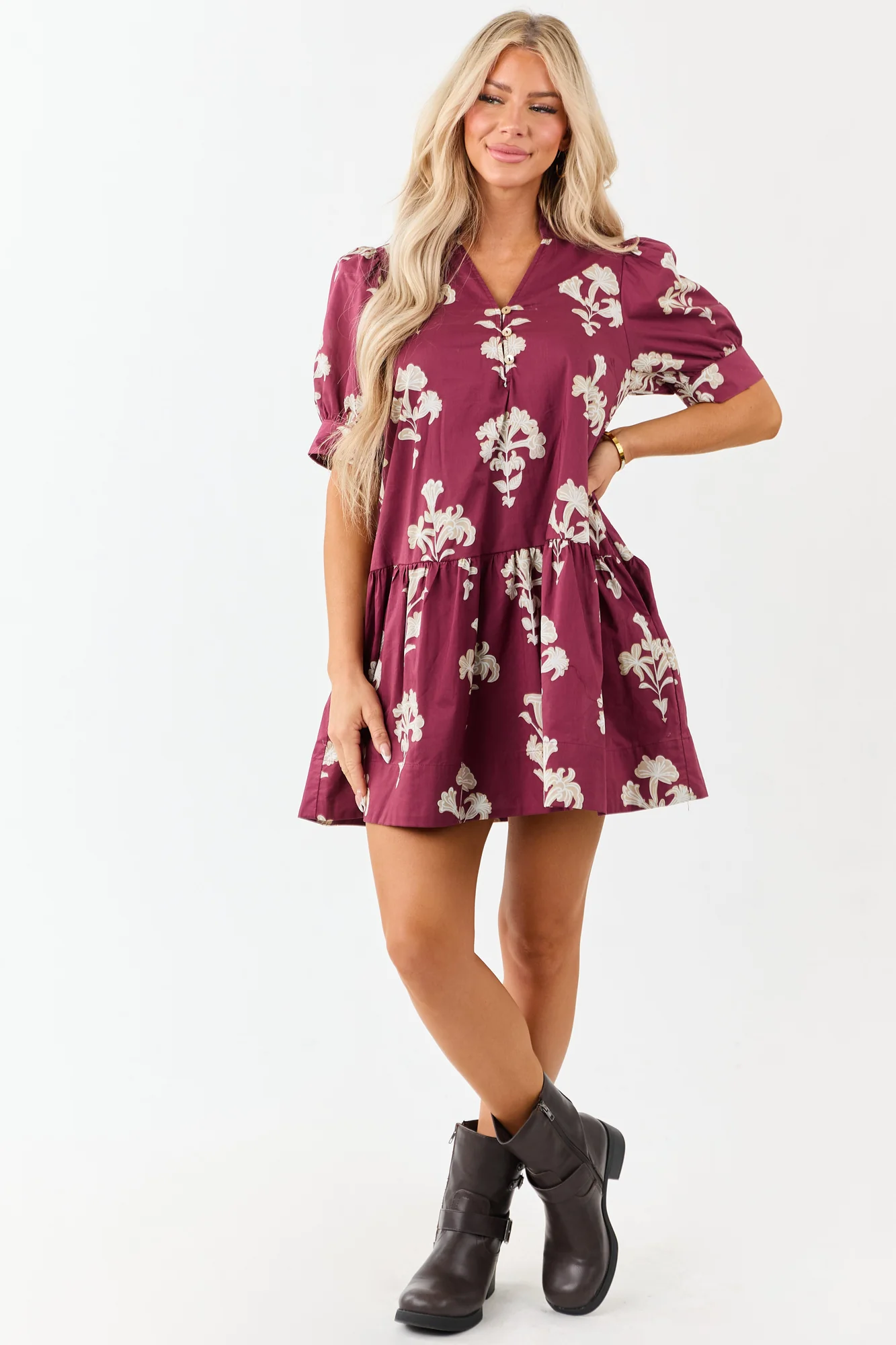Maroon Floral Puff Sleeve Cotton Mini Dress