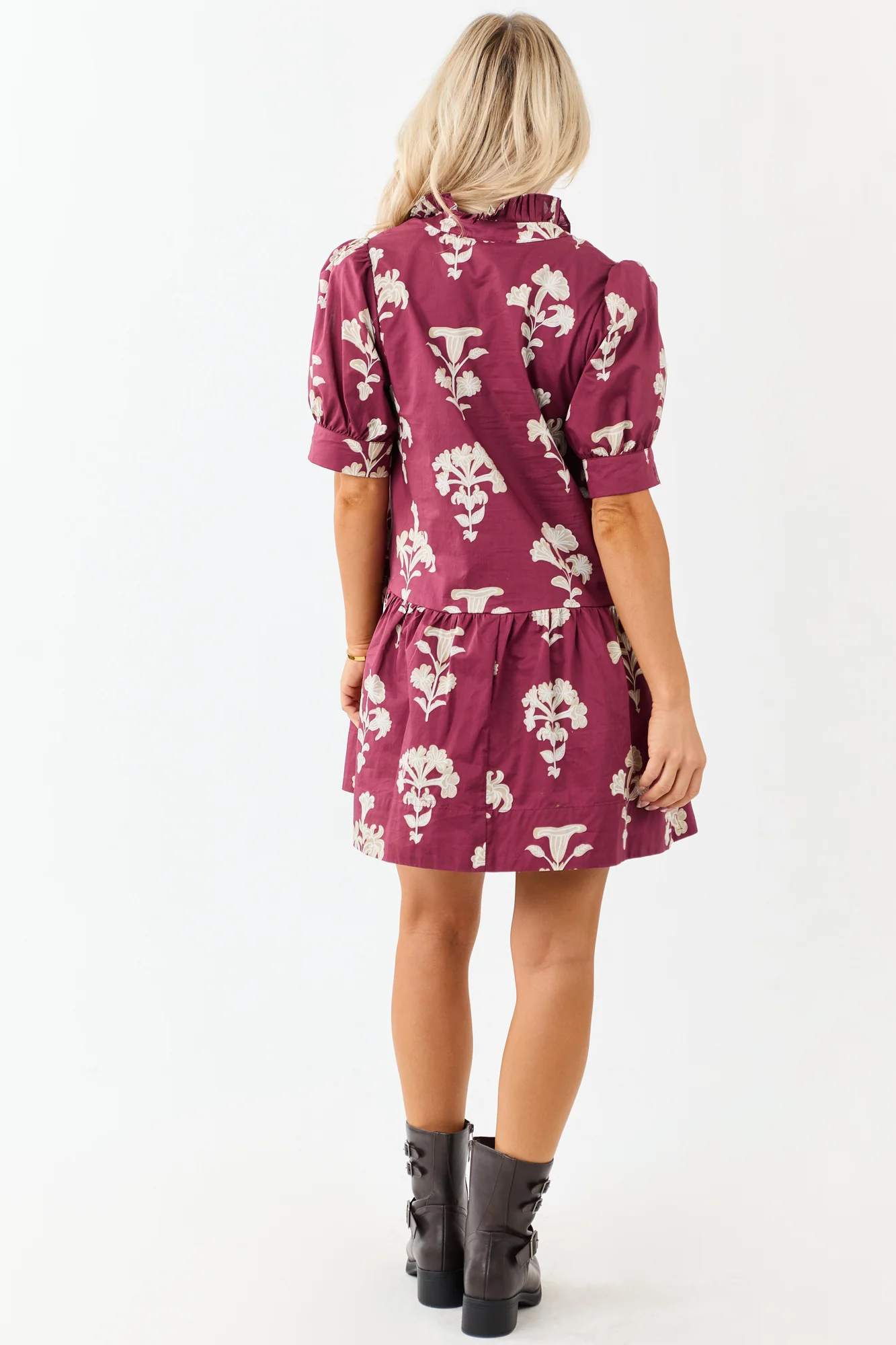 Maroon Floral Puff Sleeve Cotton Mini Dress