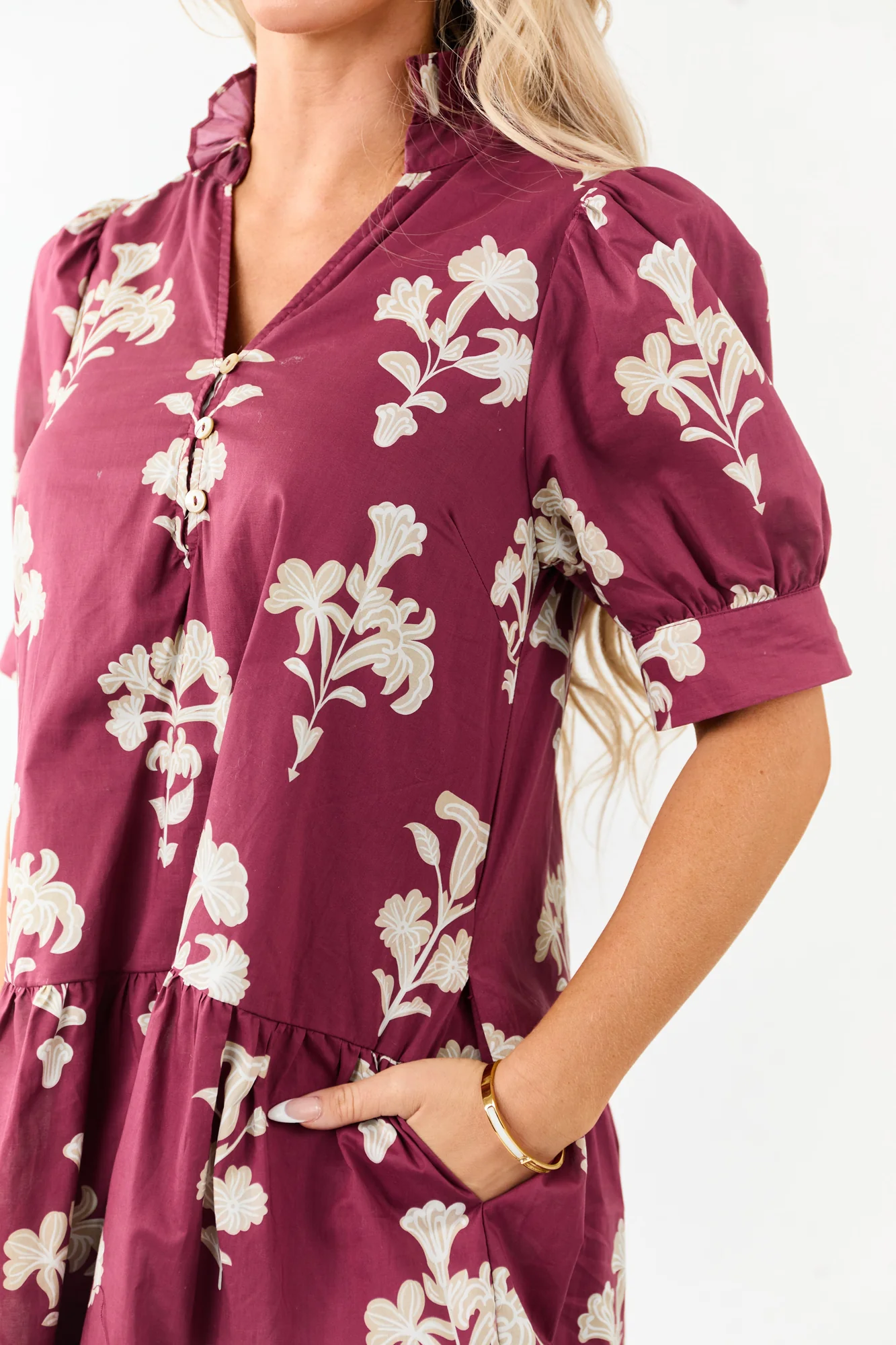 Maroon Floral Puff Sleeve Cotton Mini Dress