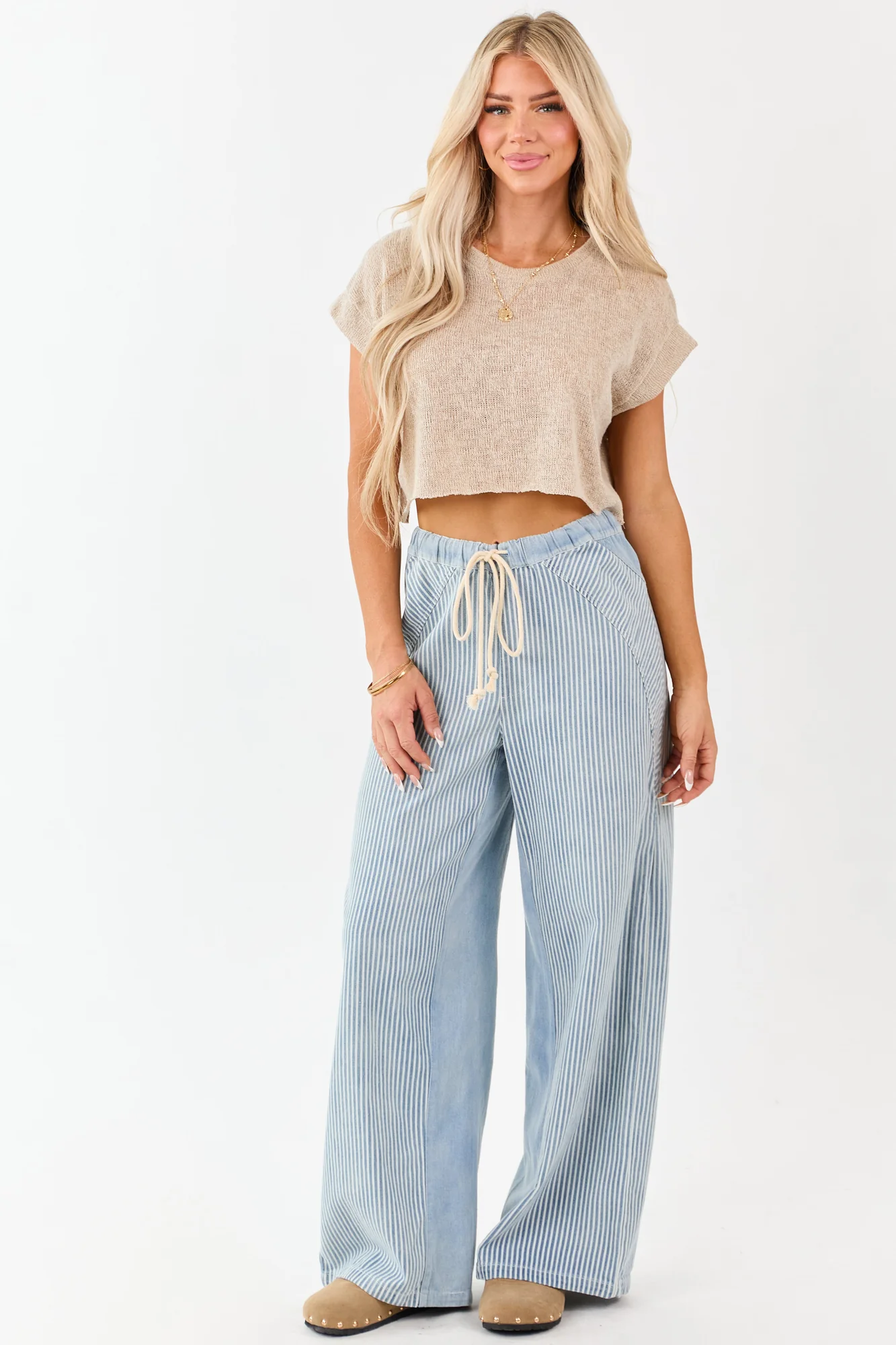 High Waisted Stripe Wide Leg Denim Pants