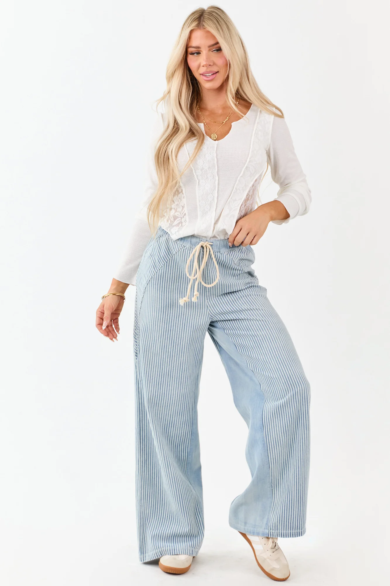 High Waisted Stripe Wide Leg Denim Pants