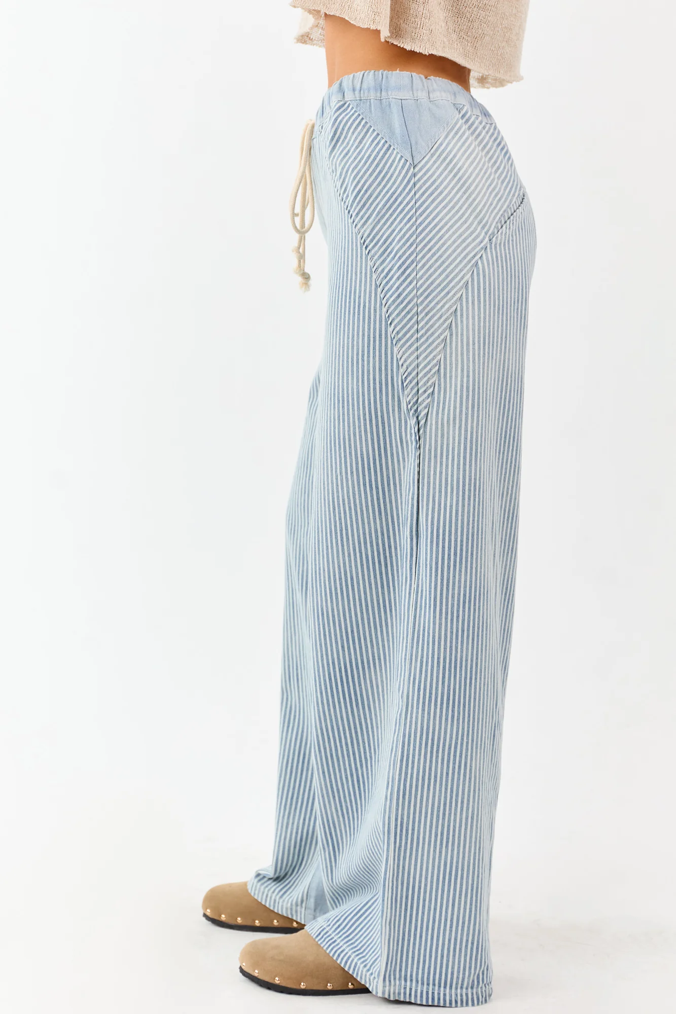 High Waisted Stripe Wide Leg Denim Pants