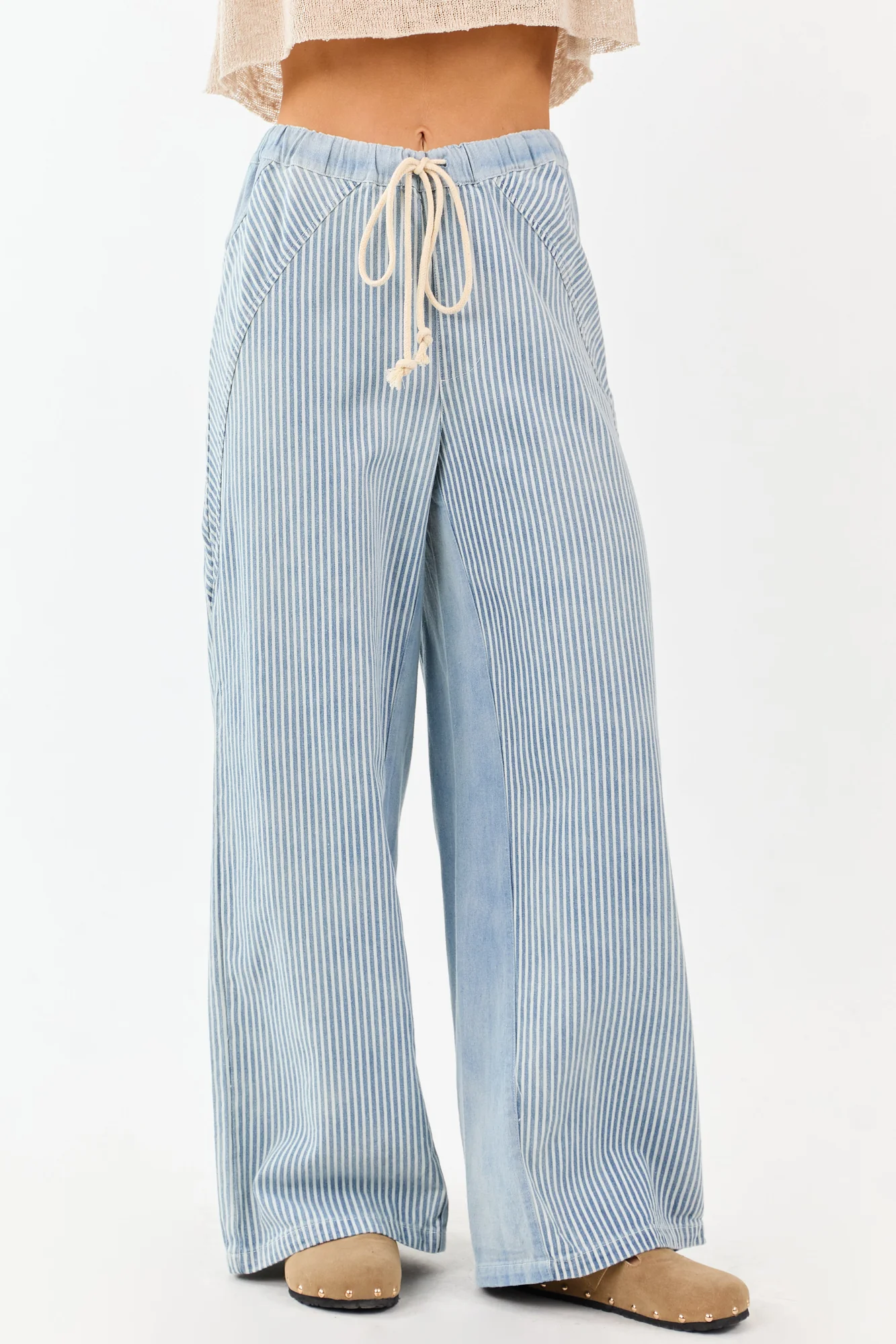 High Waisted Stripe Wide Leg Denim Pants