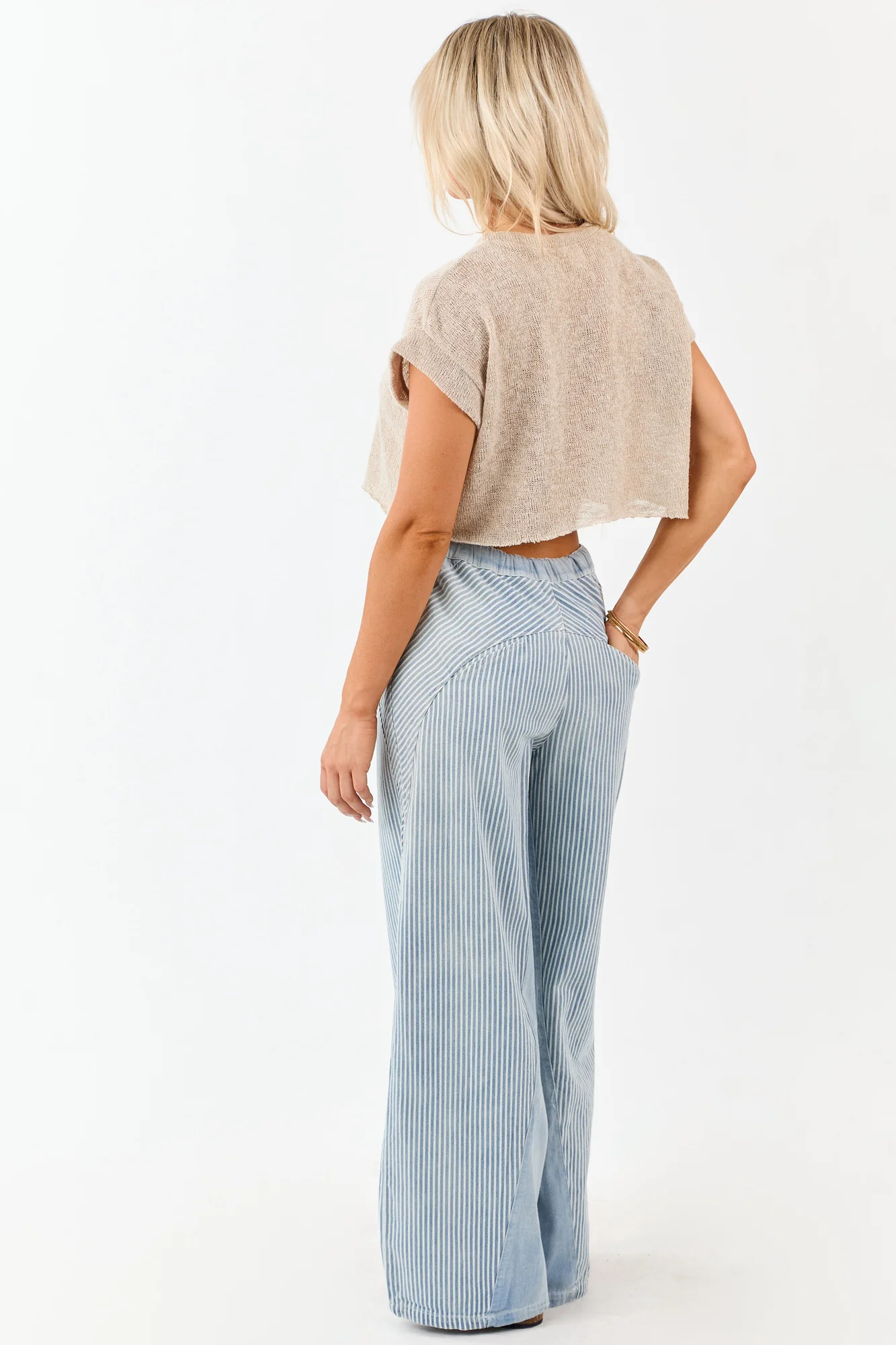 High Waisted Stripe Wide Leg Denim Pants