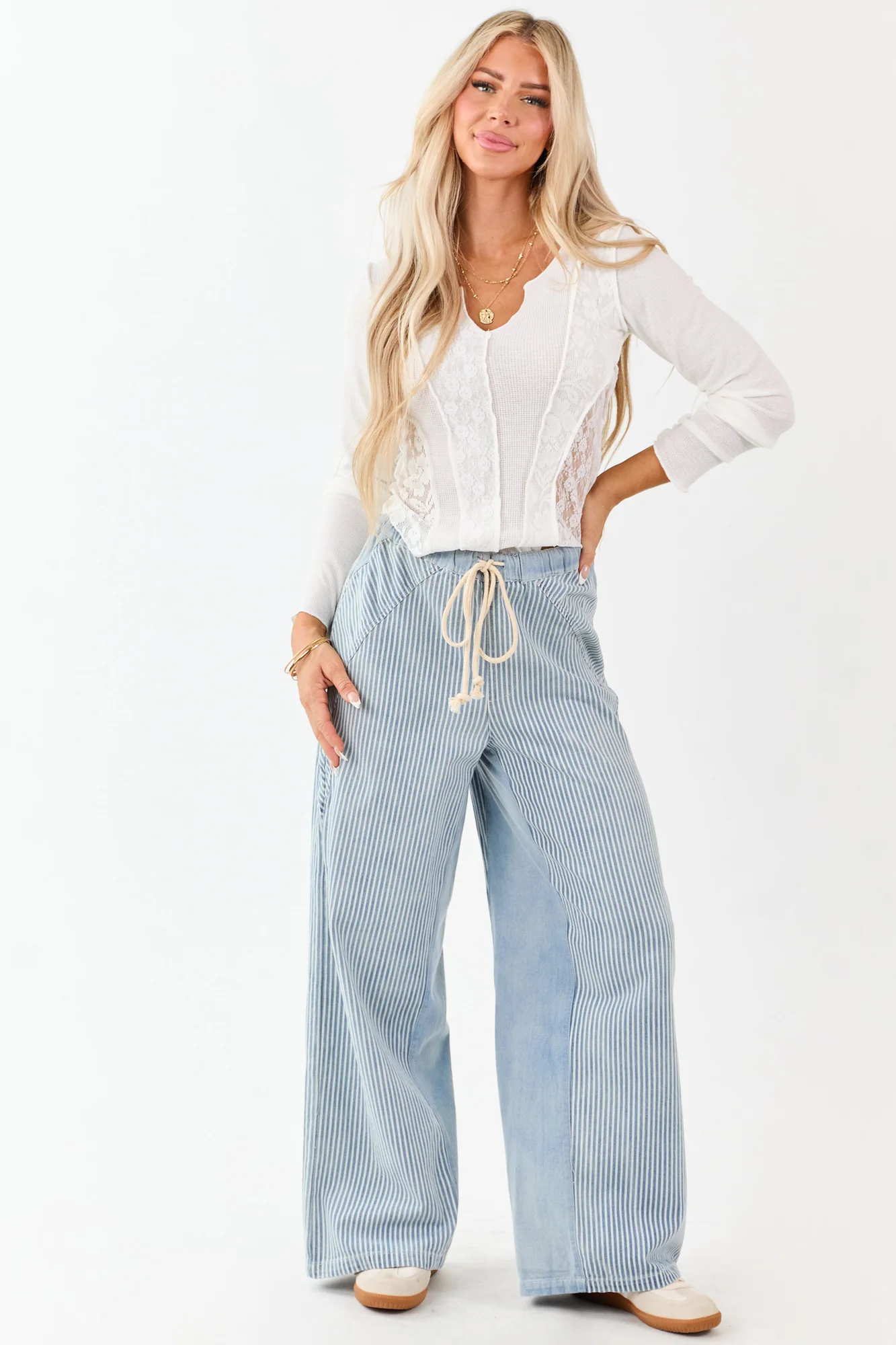 High Waisted Stripe Wide Leg Denim Pants