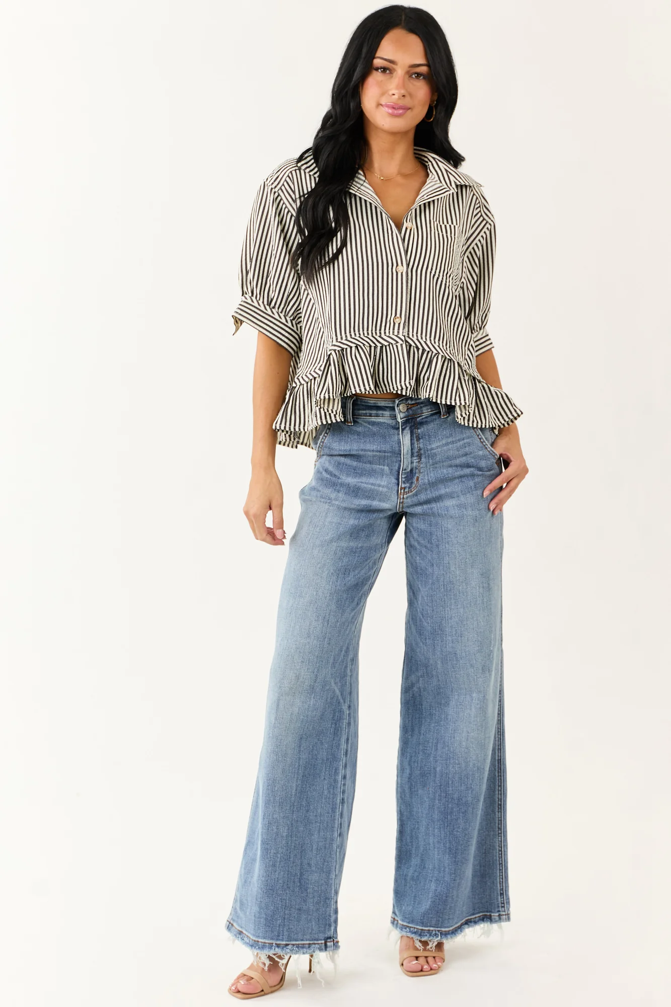 Striped Ruffle Boxy Top in Off White for Retro Casual Look