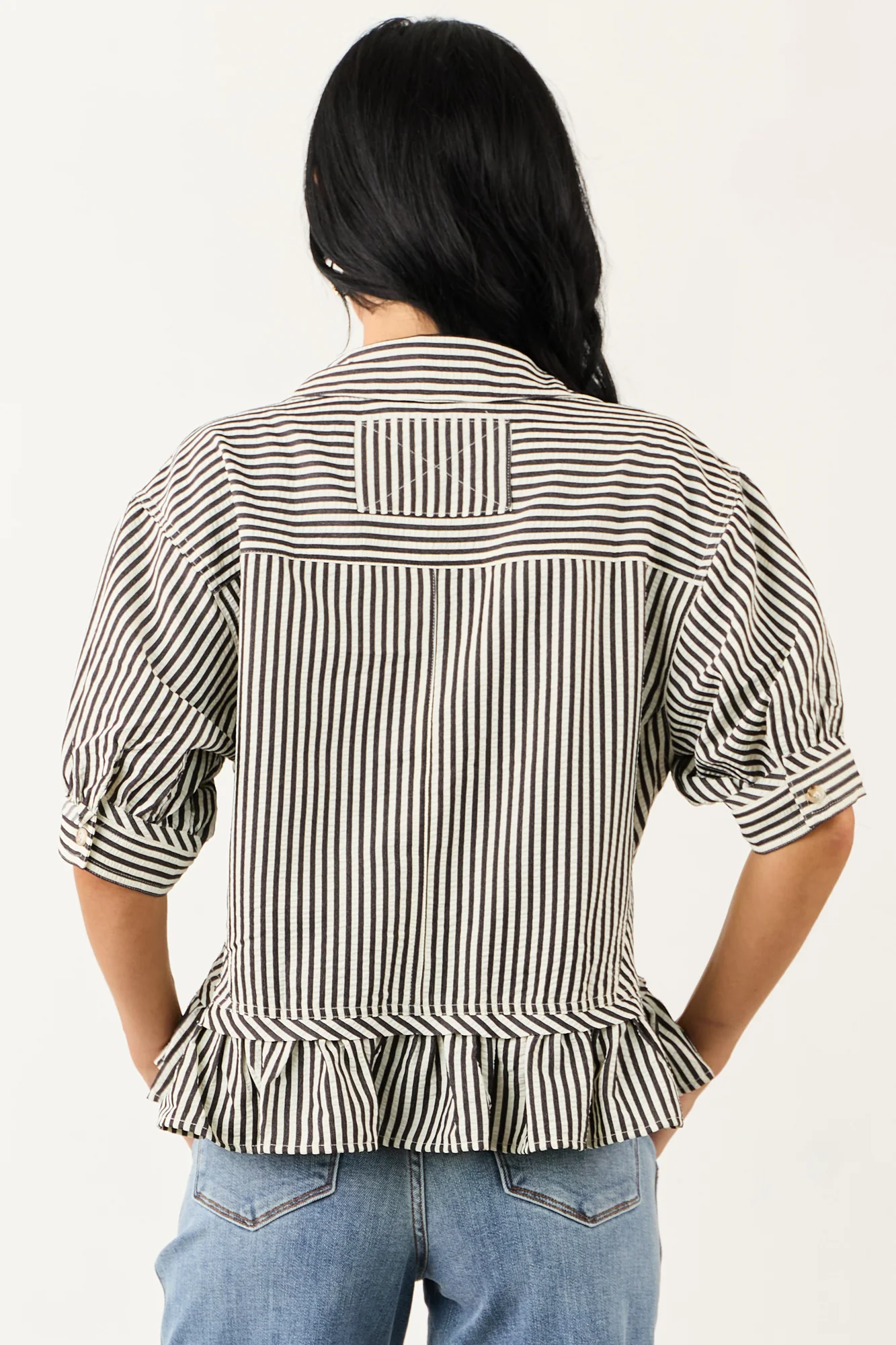 Striped Ruffle Boxy Top in Off White for Retro Casual Look