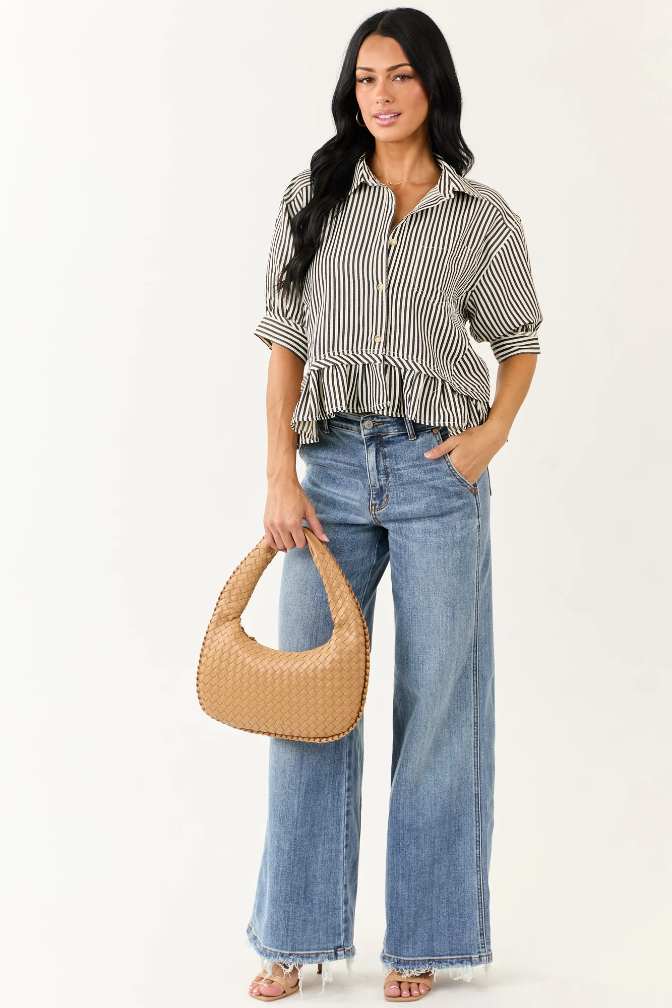 Striped Ruffle Boxy Top in Off White for Retro Casual Look