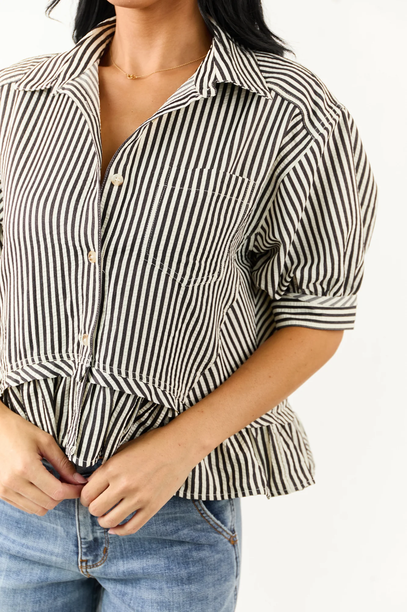 Striped Ruffle Boxy Top in Off White for Retro Casual Look