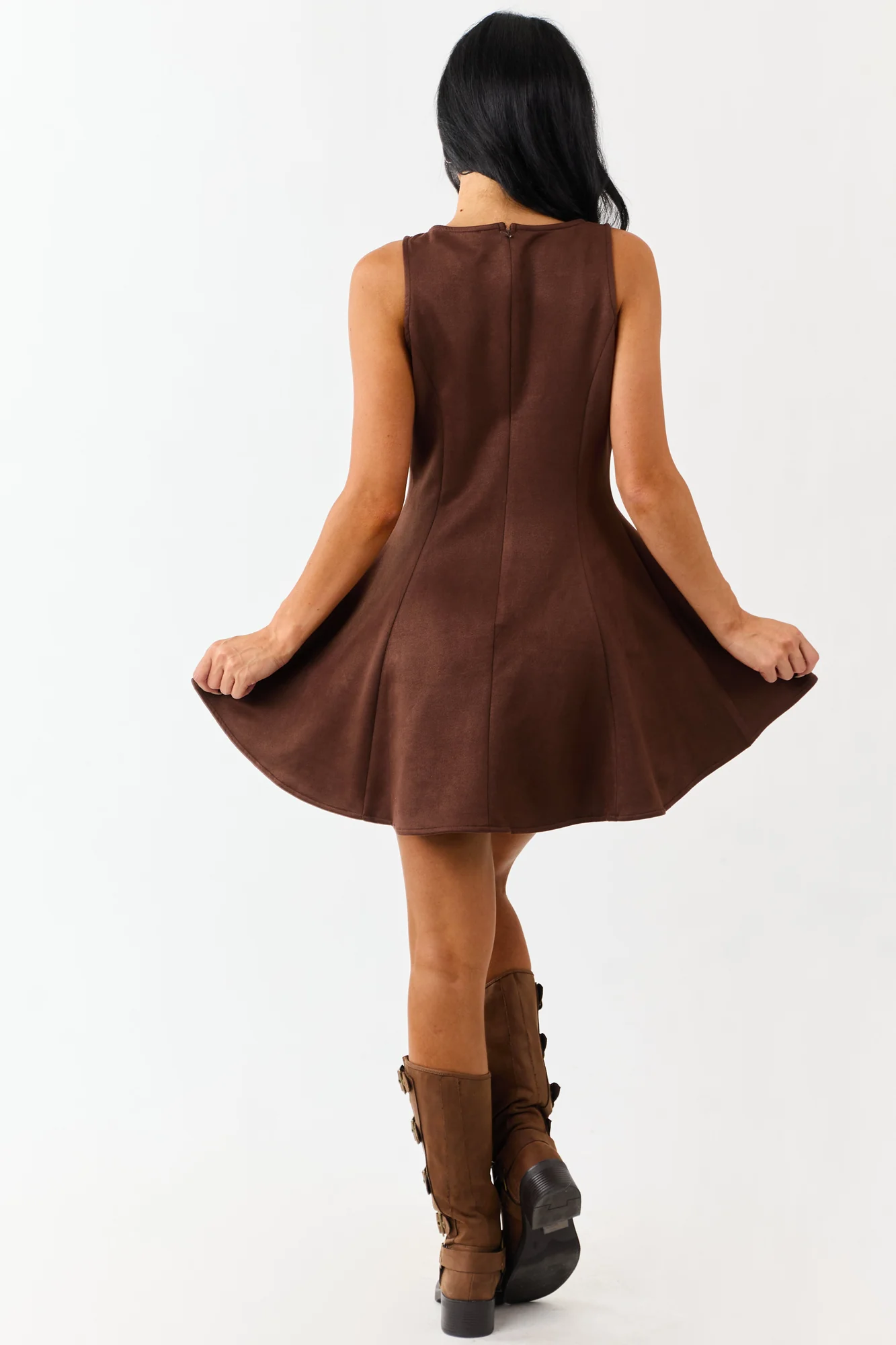 Brown Faux Suede Sleeveless A-Line Mini Dress
