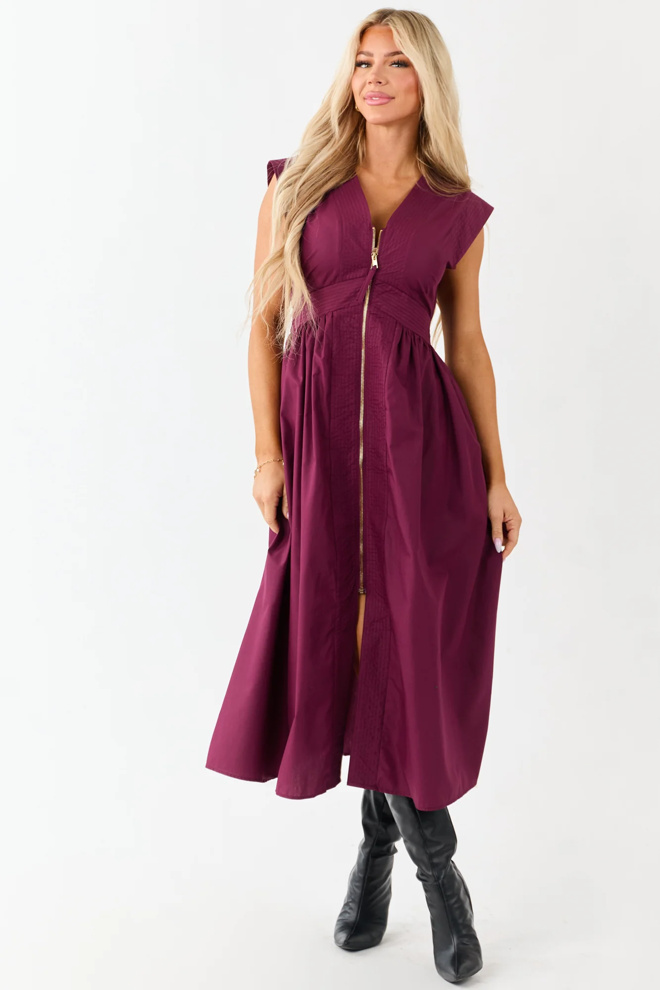 Boysenberry Smocked Waist Zip-Up Midi Dress