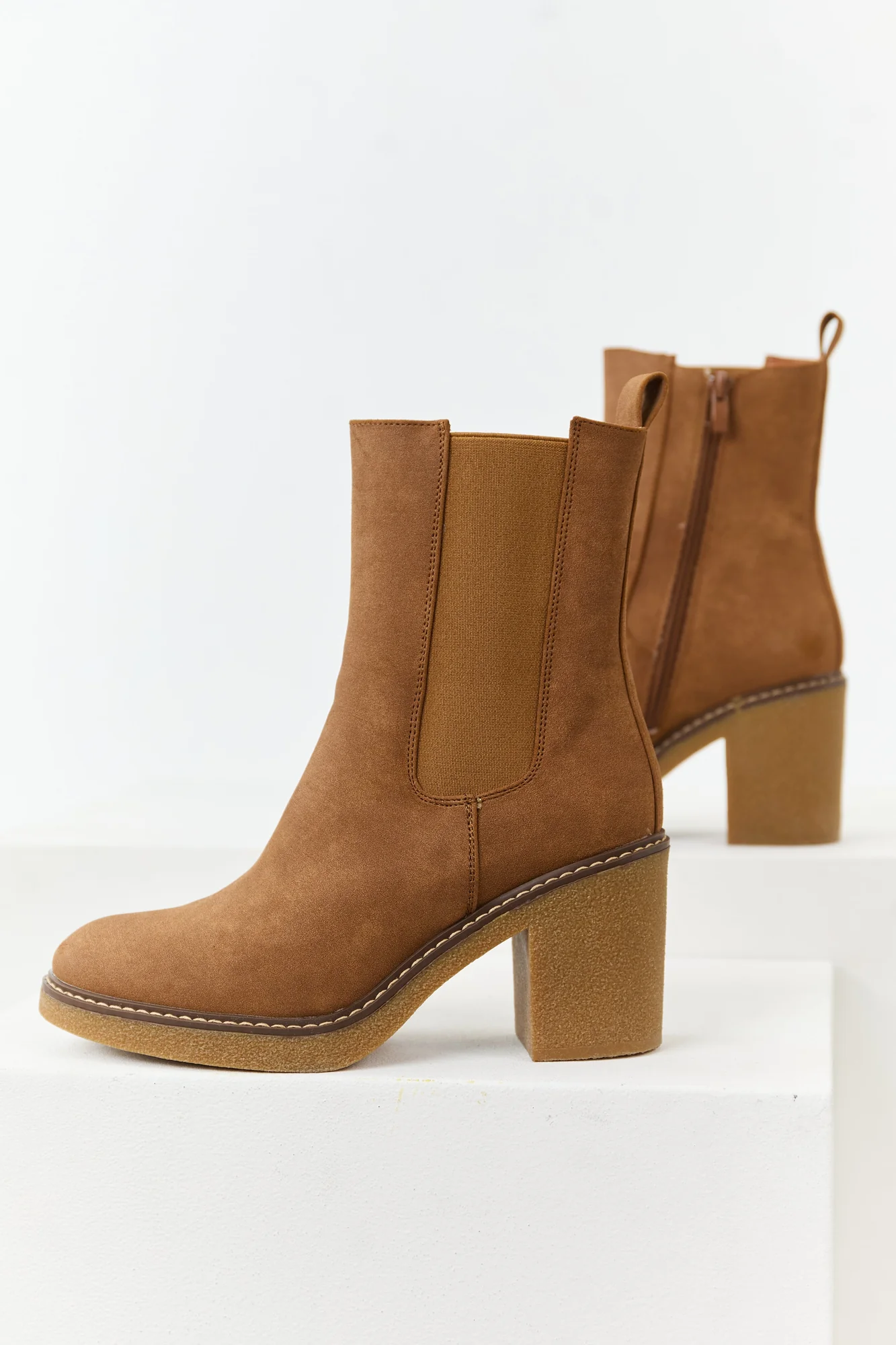 Brown Faux Suede Short Boots with Block Heels