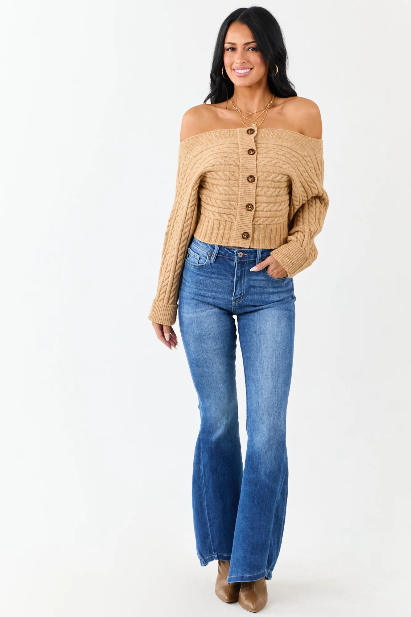 Cable Knit Boatneck Cropped Cardigan - Cozy Fall Layering Staple