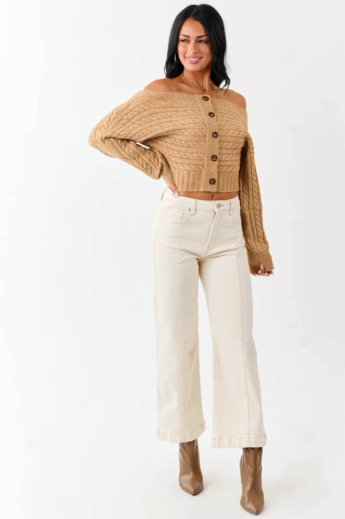 Cable Knit Boatneck Cropped Cardigan - Cozy Fall Layering Staple