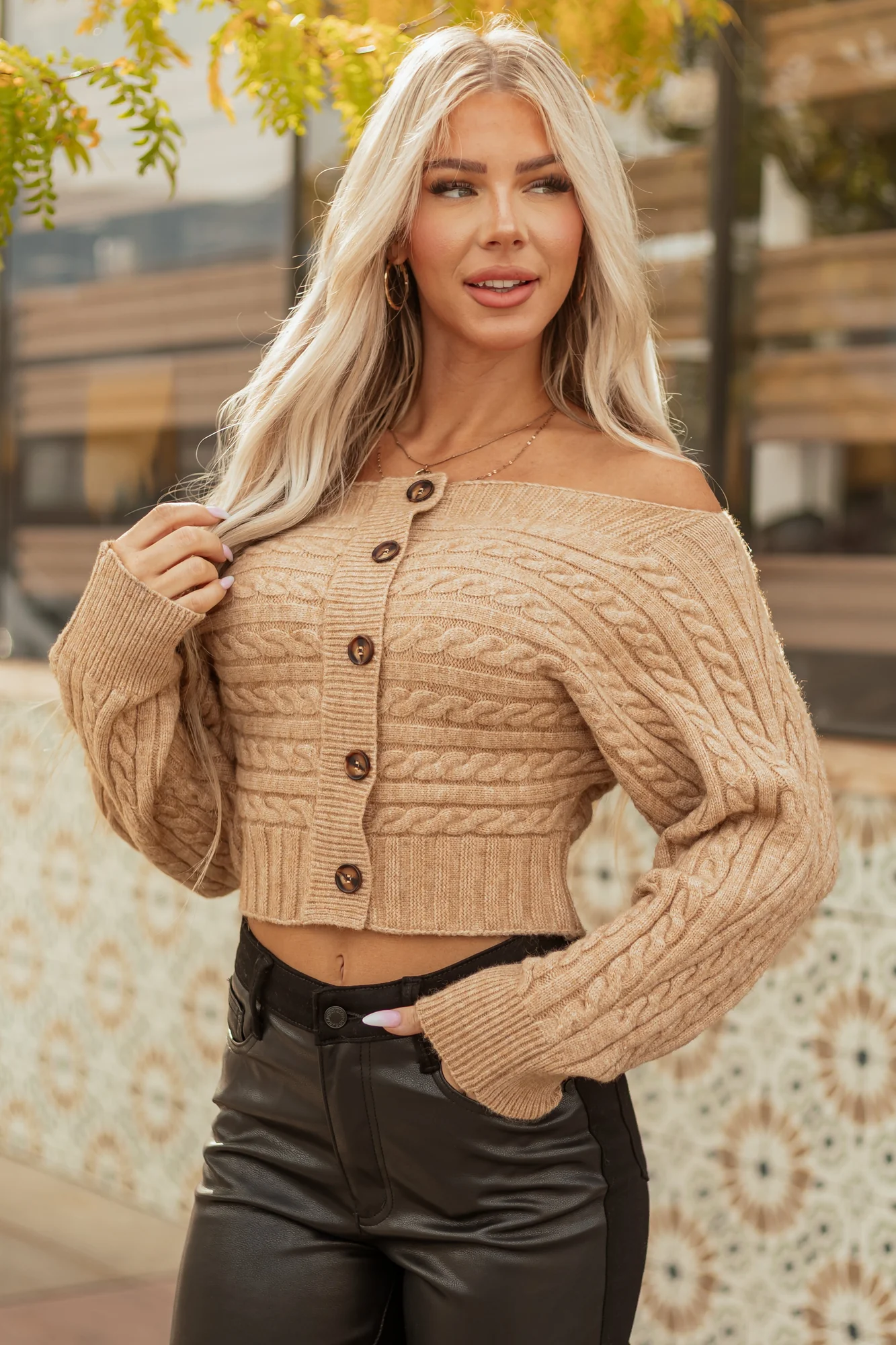 Cable Knit Boatneck Cropped Cardigan - Cozy Fall Layering Staple