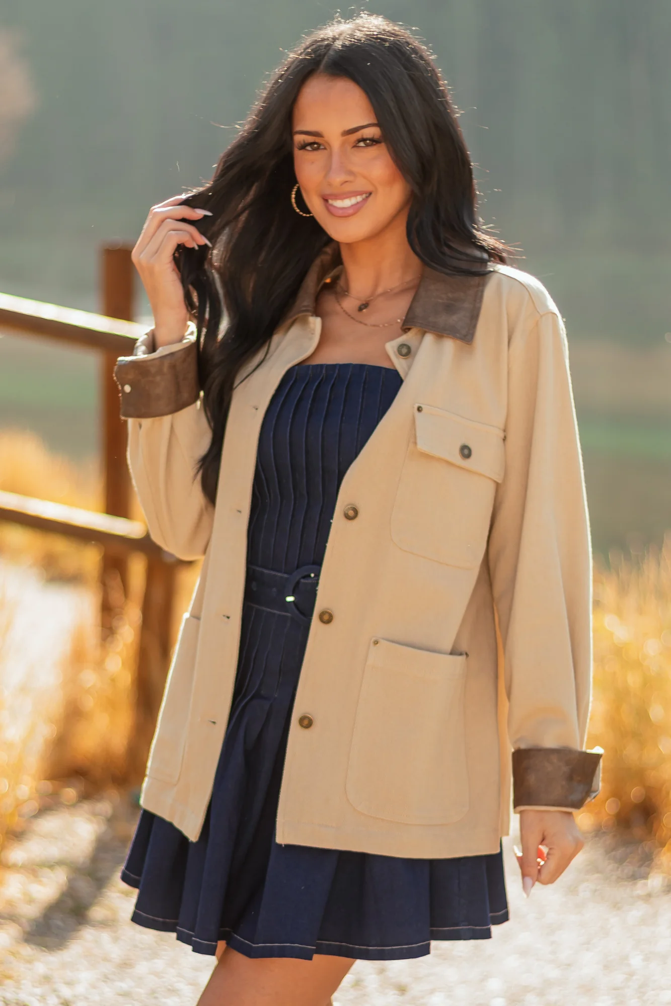 Denim Faux Leather Contrast Collar Button-Up Jacket