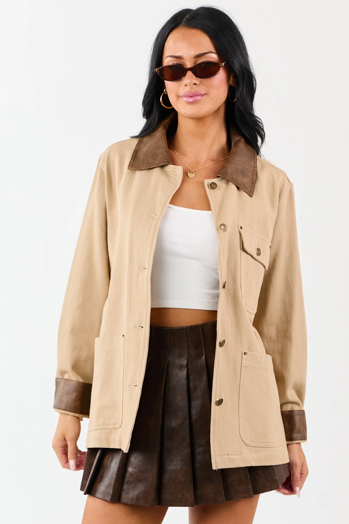 Denim Faux Leather Contrast Collar Button-Up Jacket