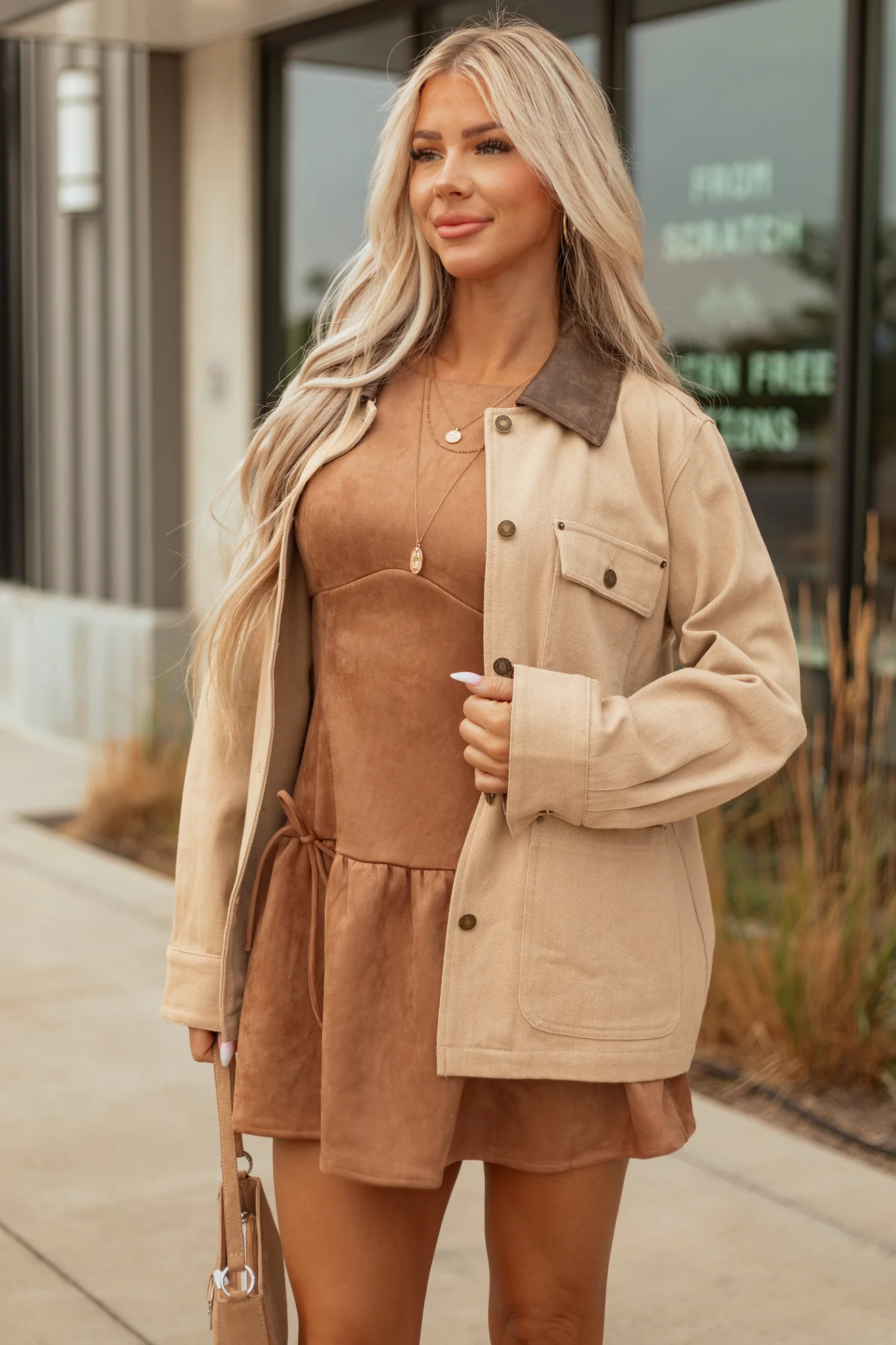 Denim Faux Leather Contrast Collar Button-Up Jacket