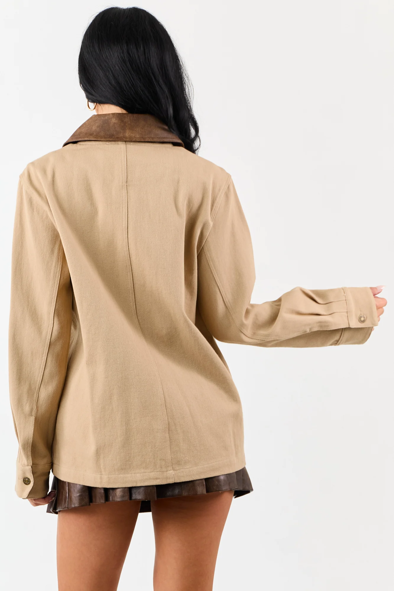 Denim Faux Leather Contrast Collar Button-Up Jacket