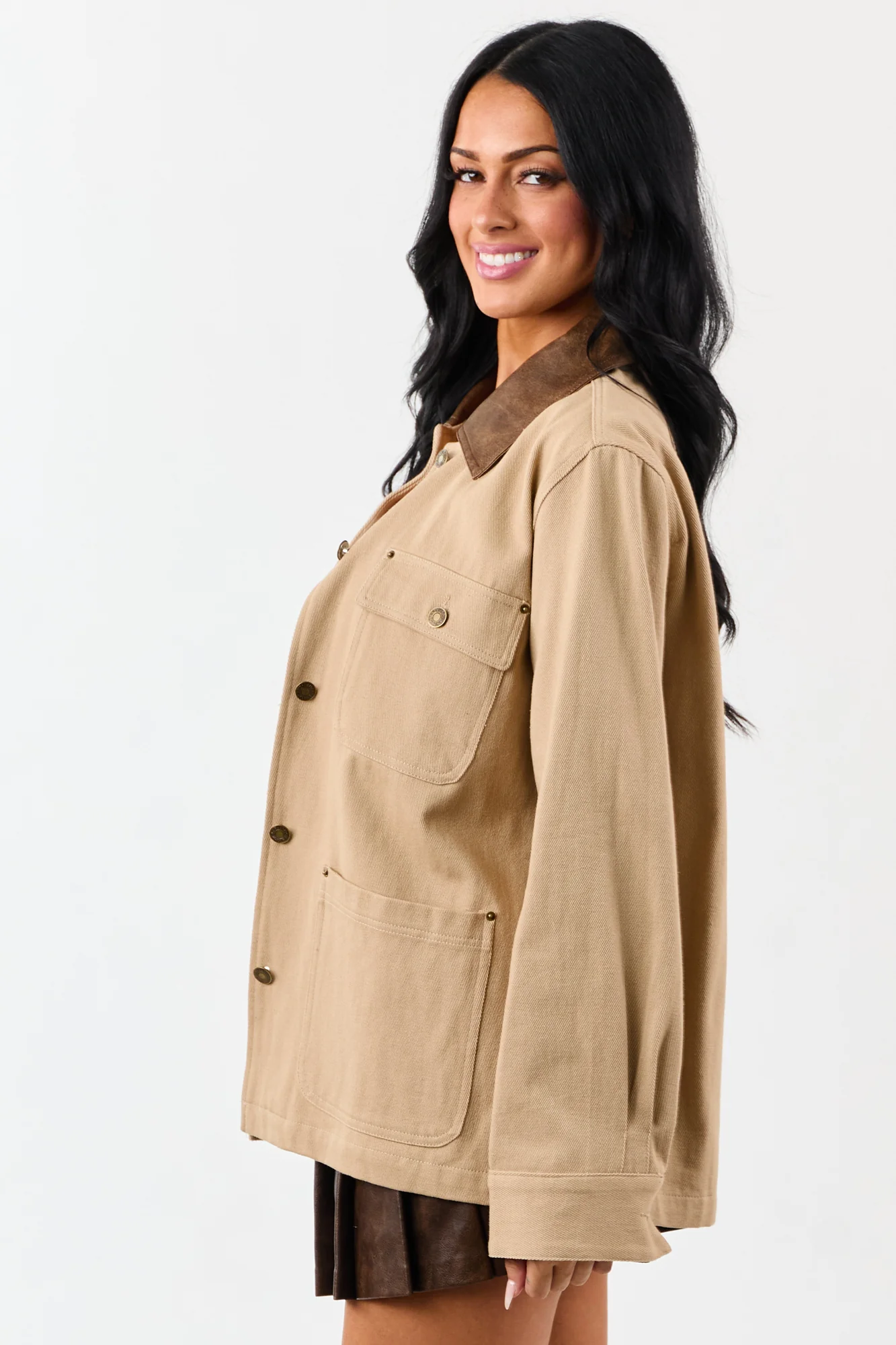 Denim Faux Leather Contrast Collar Button-Up Jacket