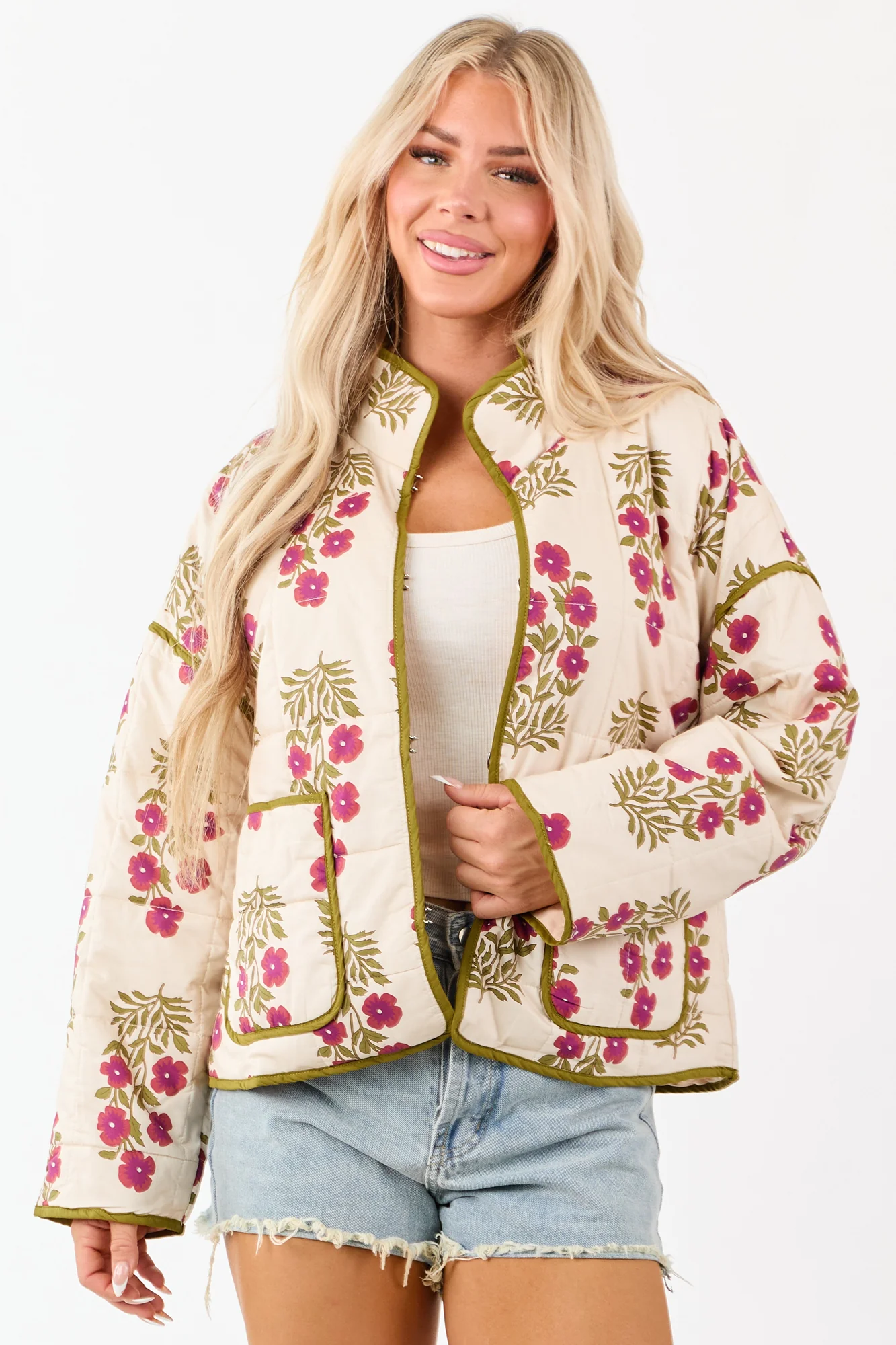 Floral Print Cotton Quilt Puff Jacket in Almond