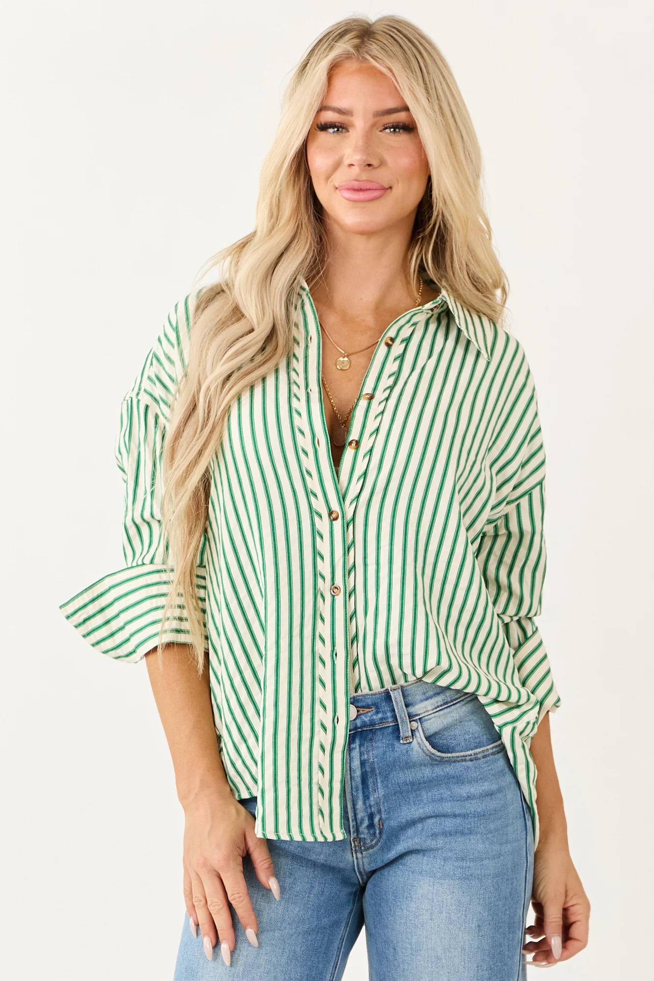 Off White Striped Button Up Top - Oversized Fit
