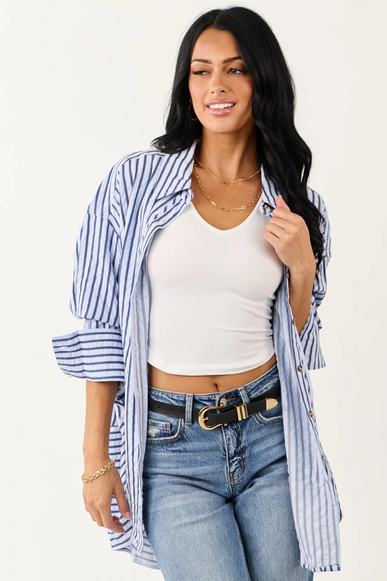 Striped Sky Blue Button-Up Top Oversized Fit