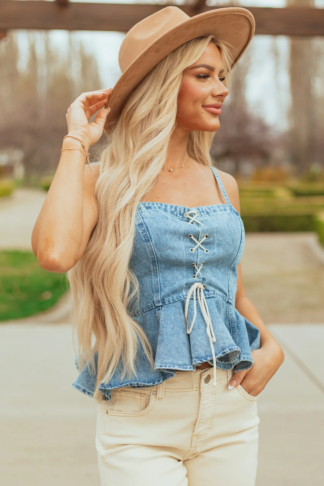 Denim Sleeveless Peplum Tank Top Elegant Blue